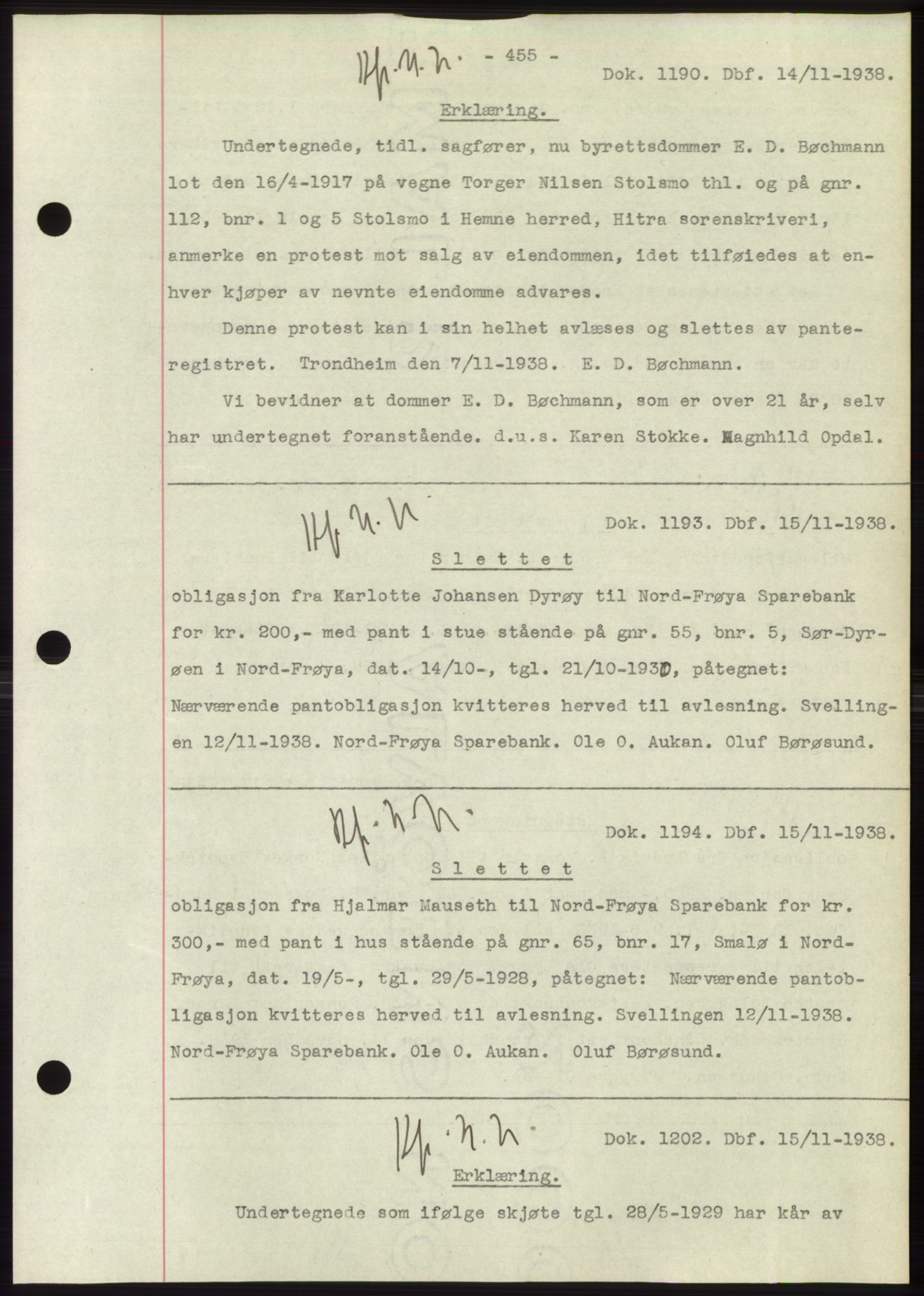 Hitra sorenskriveri, AV/SAT-A-0018/2/2C/2Ca: Mortgage book no. C1, 1936-1945, Diary no: : 1190/1938