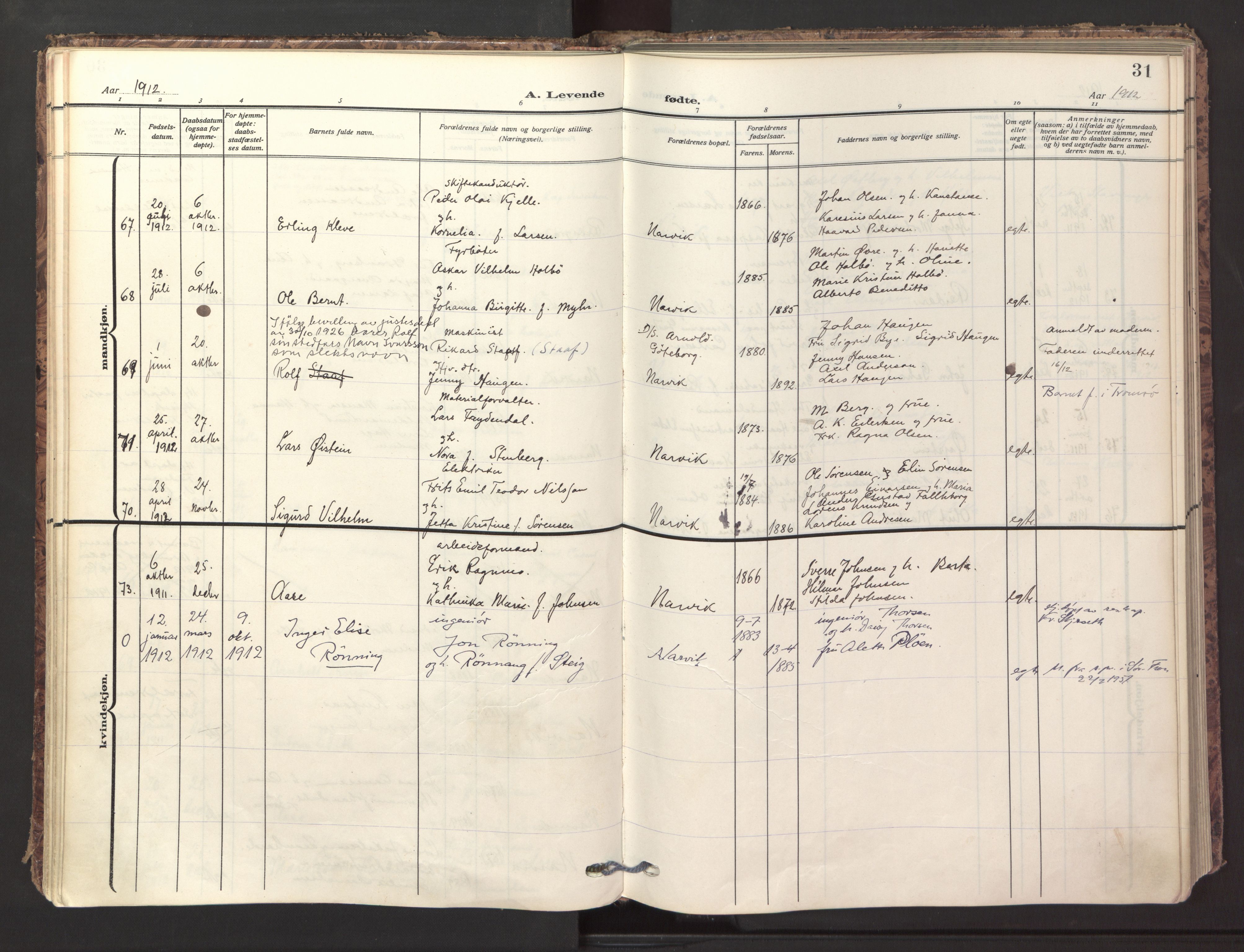 Ministerialprotokoller, klokkerbøker og fødselsregistre - Nordland, AV/SAT-A-1459/871/L1001: Parish register (official) no. 871A17, 1911-1921, p. 31