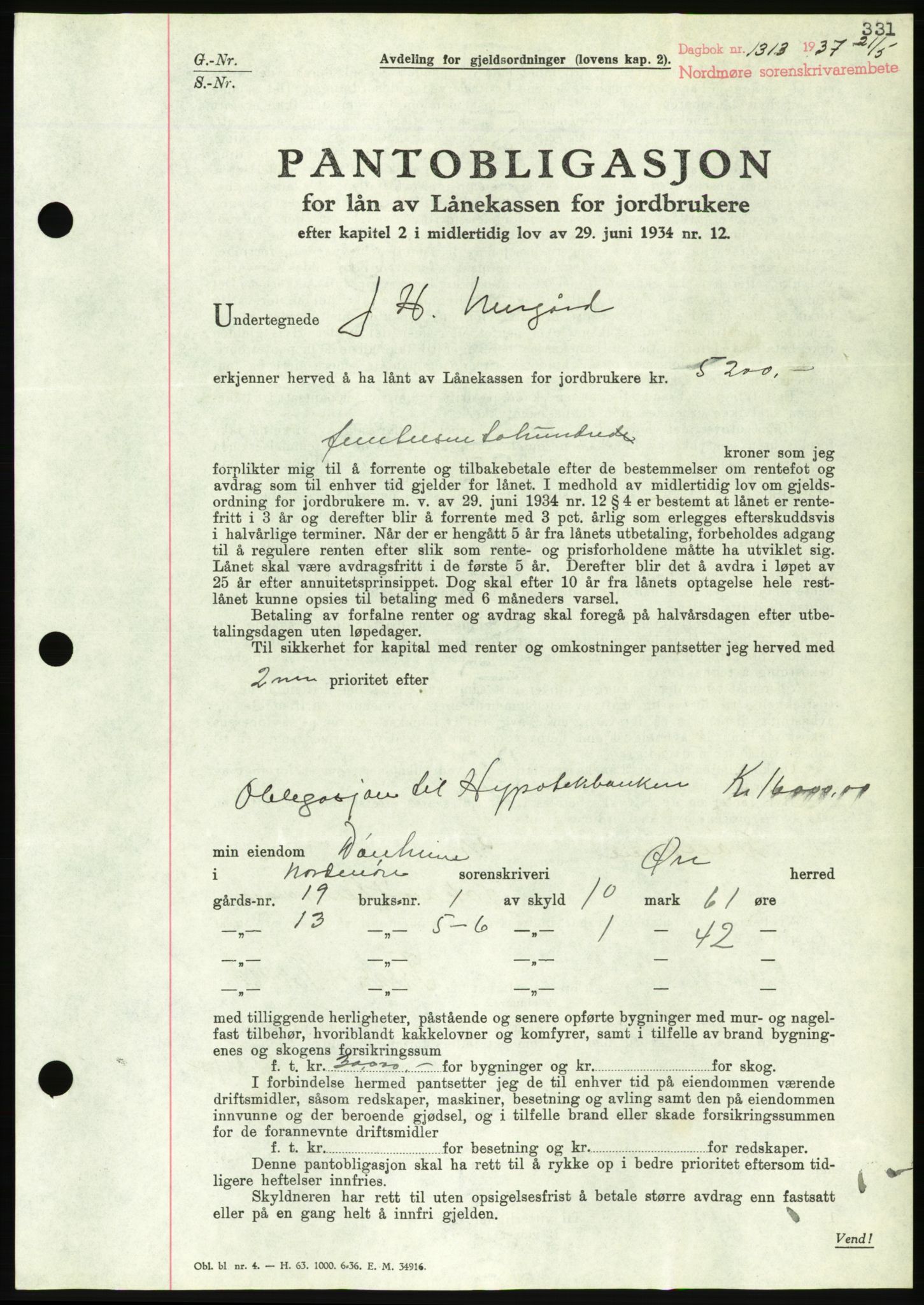 Nordmøre sorenskriveri, AV/SAT-A-4132/1/2/2Ca/L0091: Mortgage book no. B81, 1937-1937, Diary no: : 1313/1937