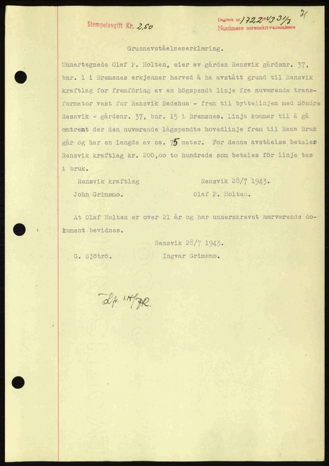 Nordmøre sorenskriveri, AV/SAT-A-4132/1/2/2Ca: Mortgage book no. B91, 1943-1944, Diary no: : 1722/1943