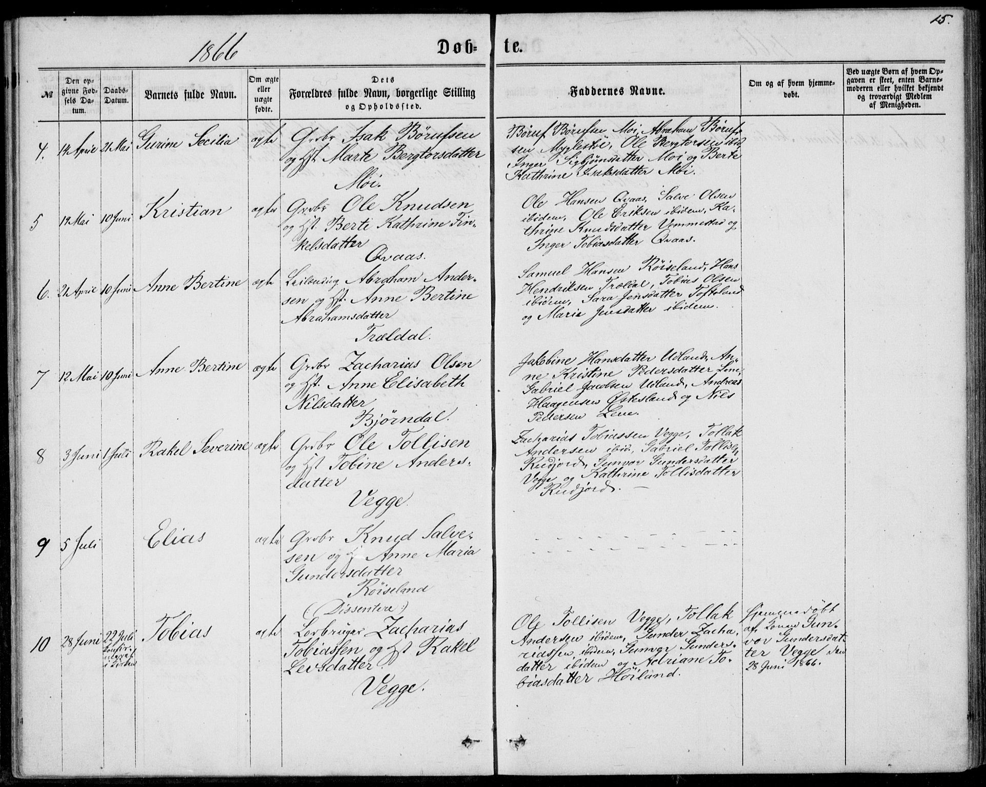 Lyngdal sokneprestkontor, AV/SAK-1111-0029/F/Fa/Fab/L0002: Parish register (official) no. A 2, 1861-1878, p. 15