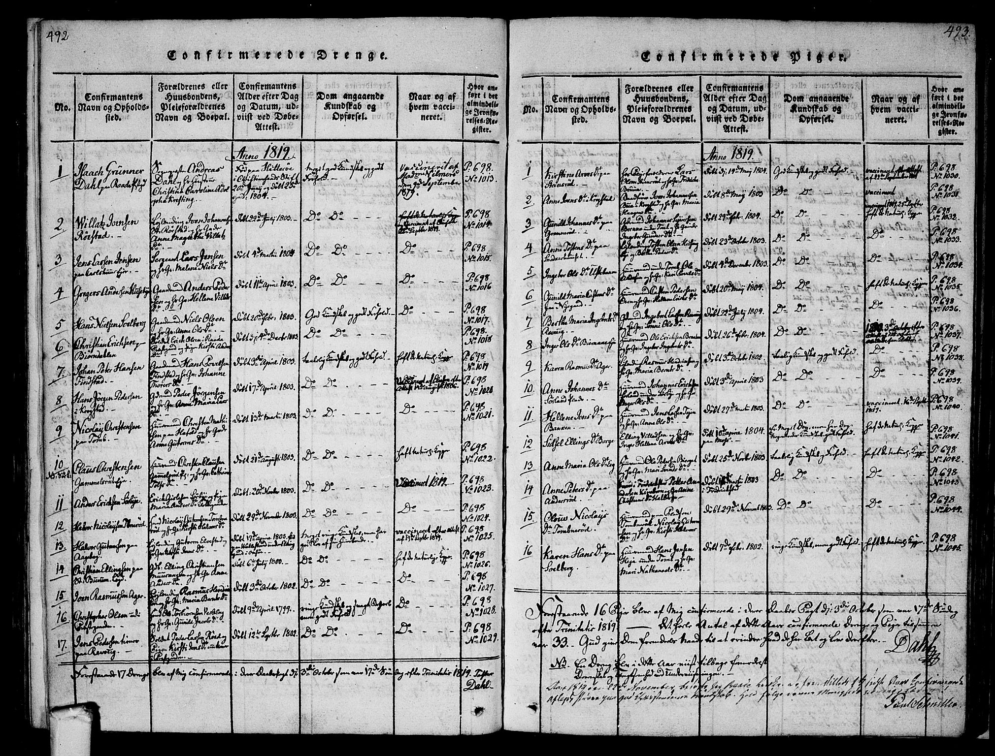 Råde prestekontor kirkebøker, AV/SAO-A-2009/F/Fa/L0004: Parish register (official) no. 4, 1814-1830, p. 492-493