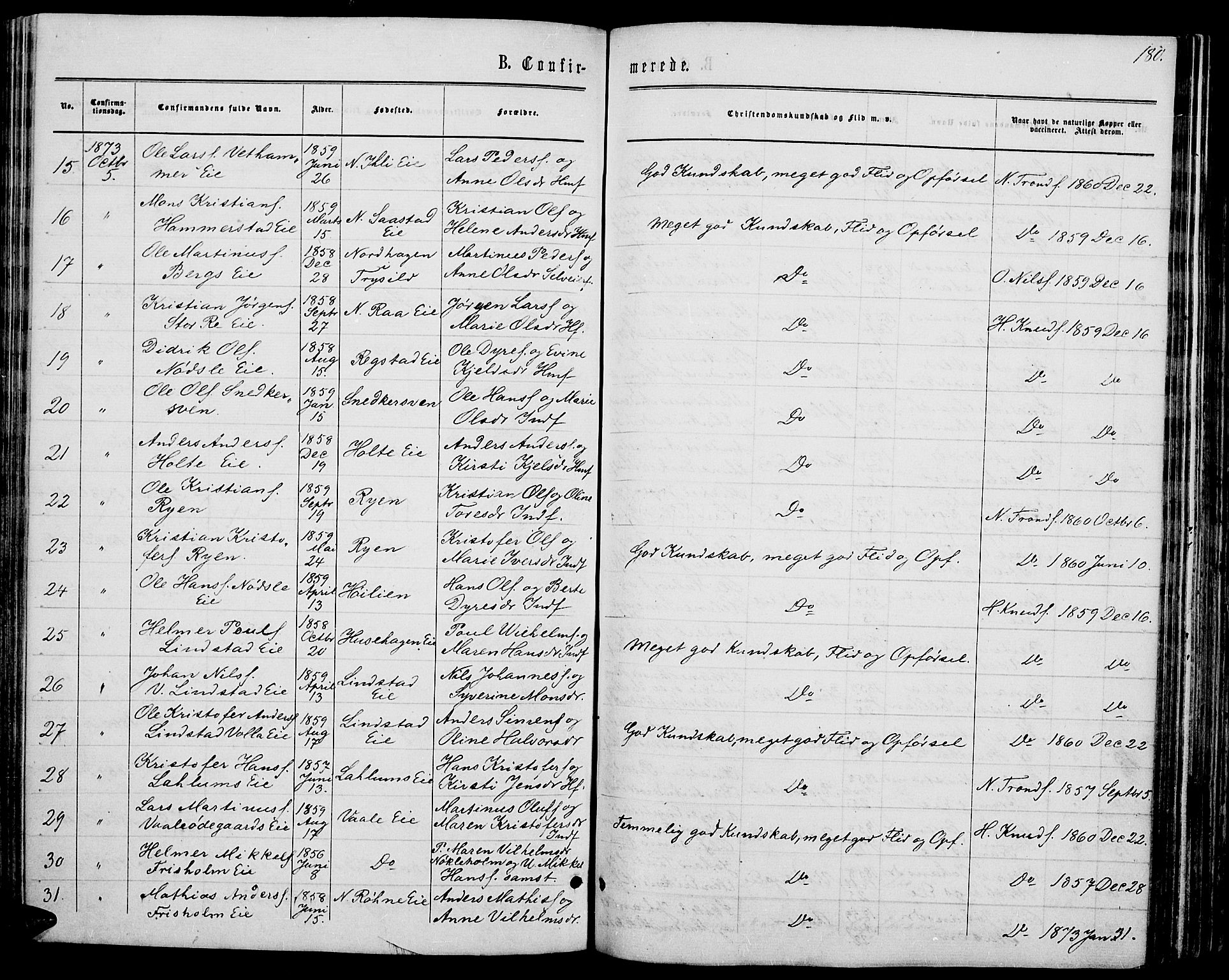 Stange prestekontor, AV/SAH-PREST-002/L/L0006: Parish register (copy) no. 6, 1864-1882, p. 180