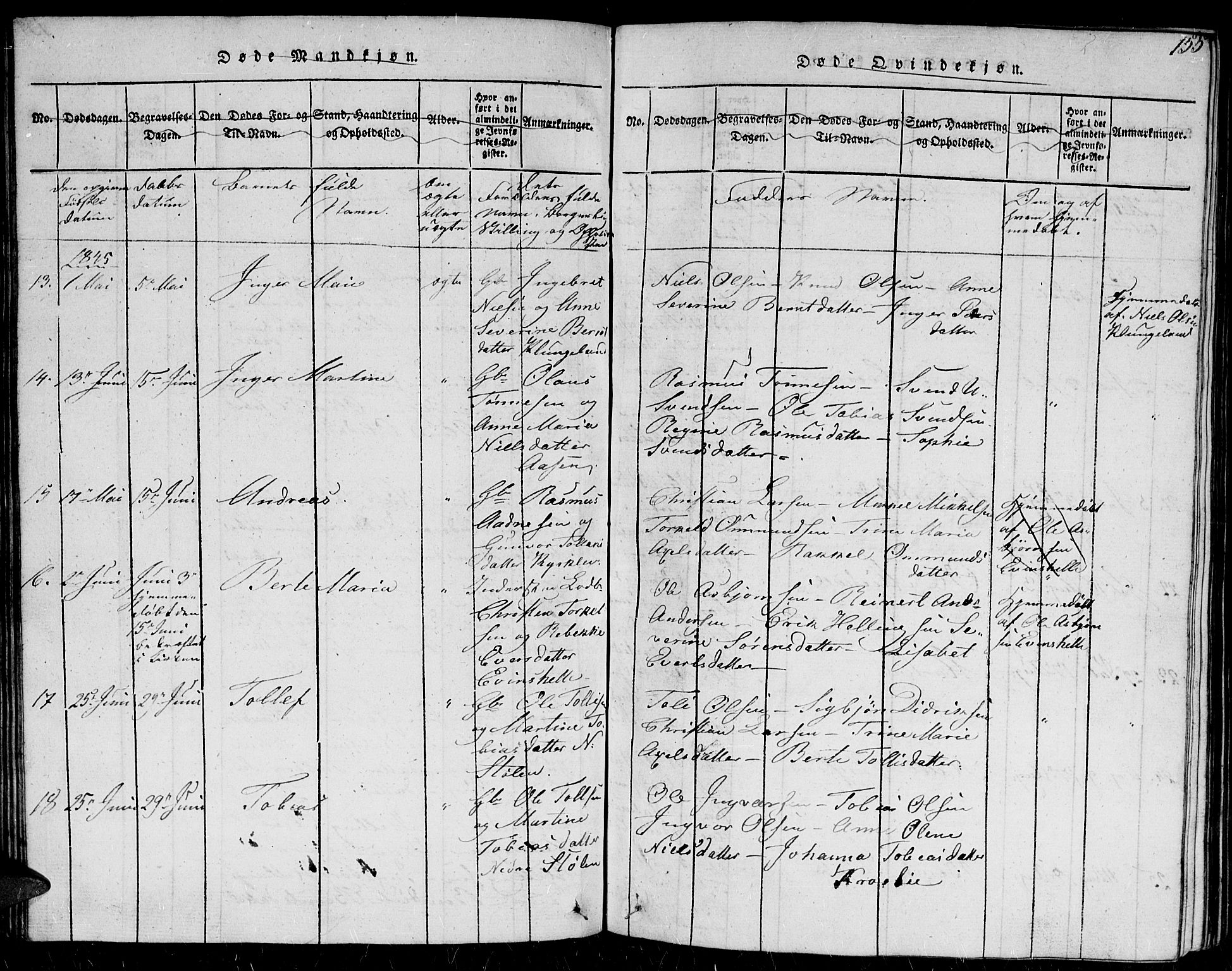 Herad sokneprestkontor, AV/SAK-1111-0018/F/Fb/Fba/L0001: Parish register (copy) no. B 1, 1815-1852, p. 155