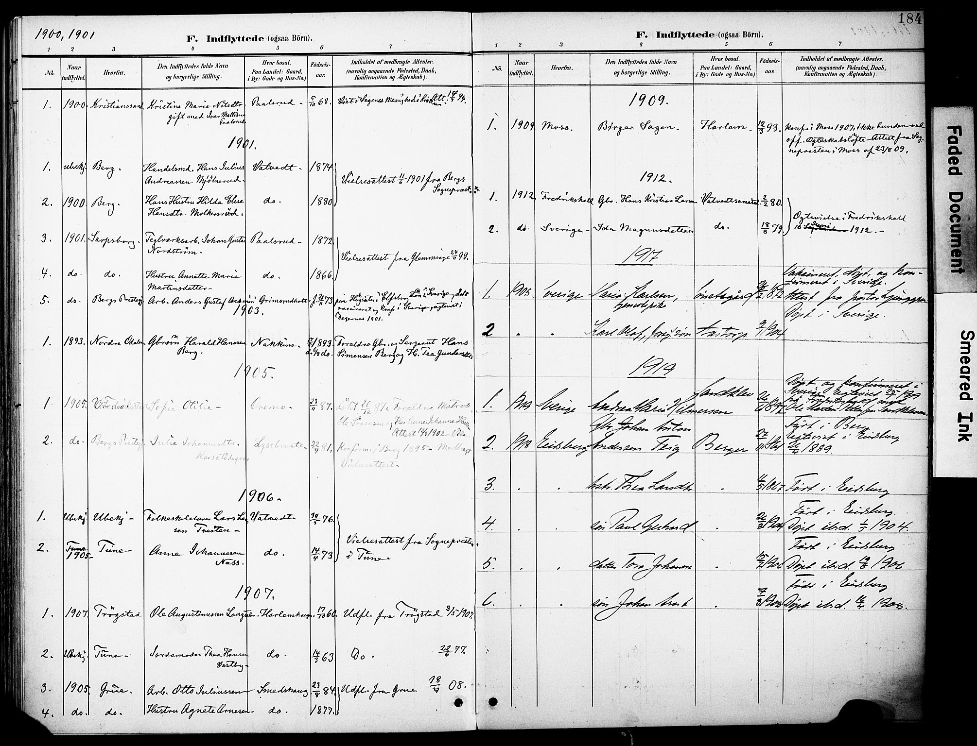 Rakkestad prestekontor Kirkebøker, AV/SAO-A-2008/F/Fb/L0002: Parish register (official) no. II 2, 1900-1920, p. 184