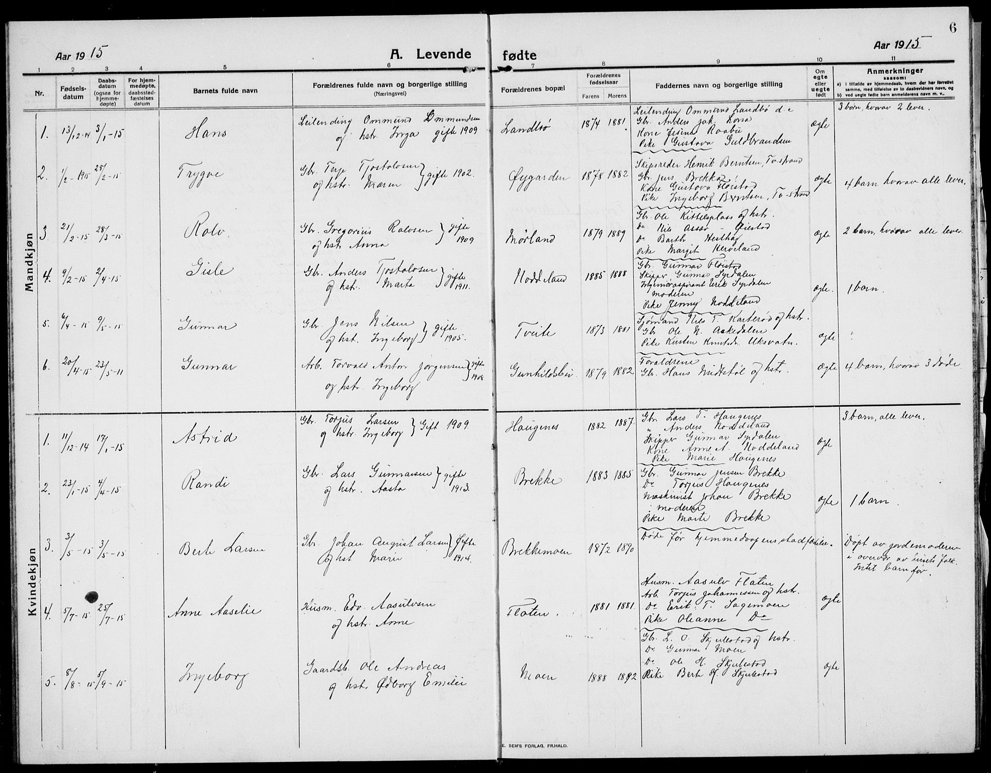 Austre Moland sokneprestkontor, AV/SAK-1111-0001/F/Fb/Fba/L0005: Parish register (copy) no. B 4b, 1914-1935, p. 6