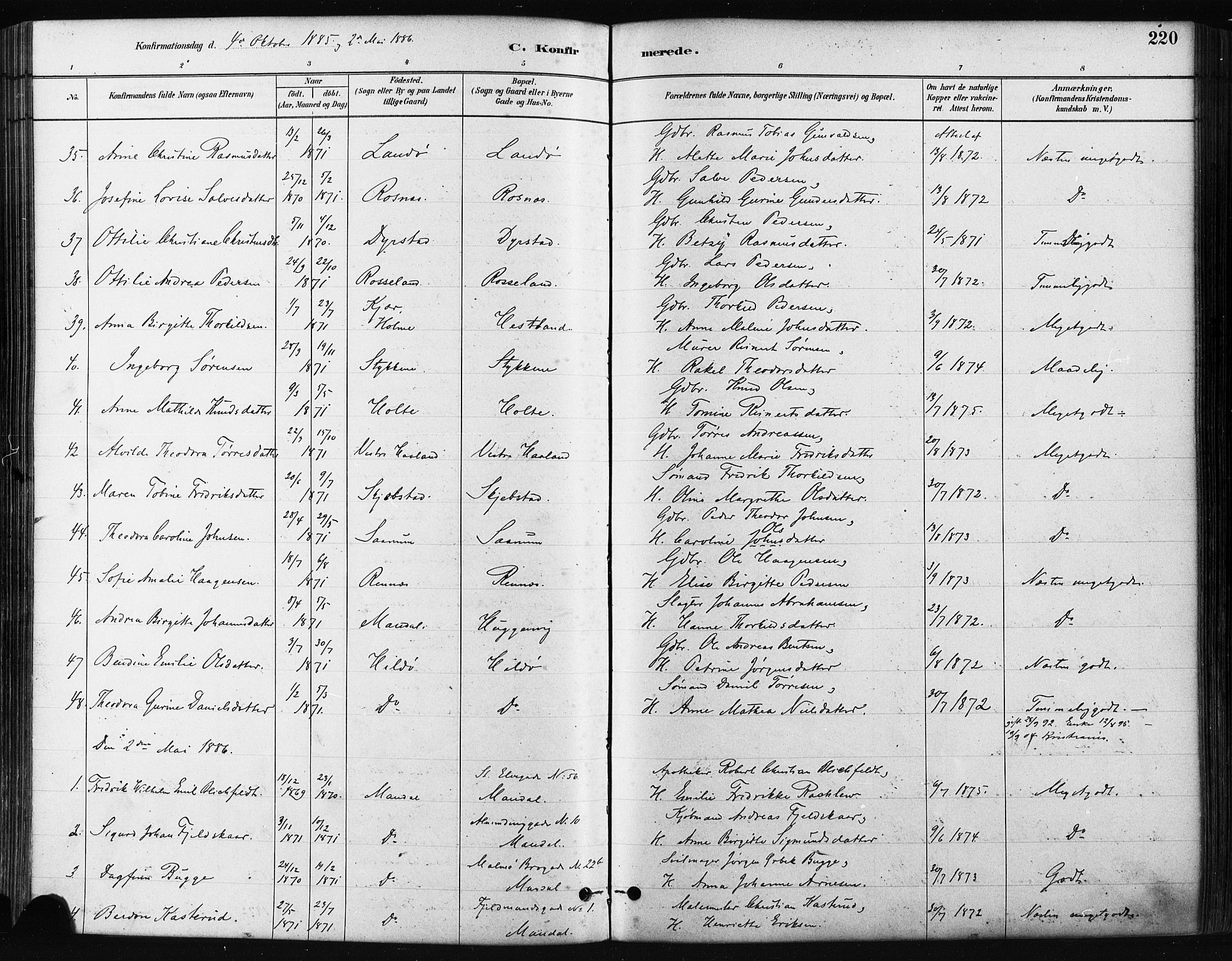 Mandal sokneprestkontor, SAK/1111-0030/F/Fa/Faa/L0016: Parish register (official) no. A 16, 1880-1890, p. 220