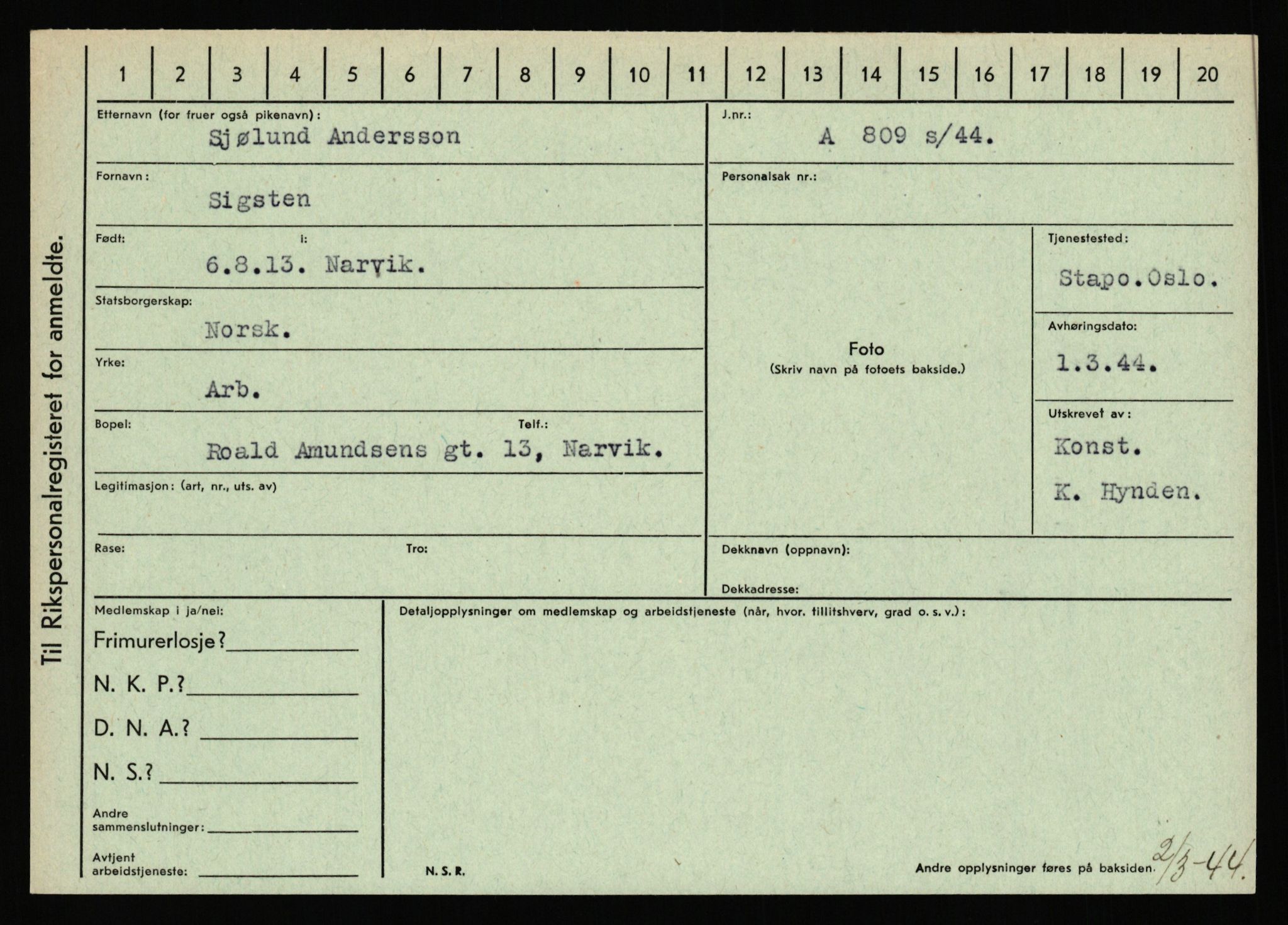 Statspolitiet - Hovedkontoret / Osloavdelingen, AV/RA-S-1329/C/Ca/L0001: Aabakken - Armann, 1943-1945, p. 3675