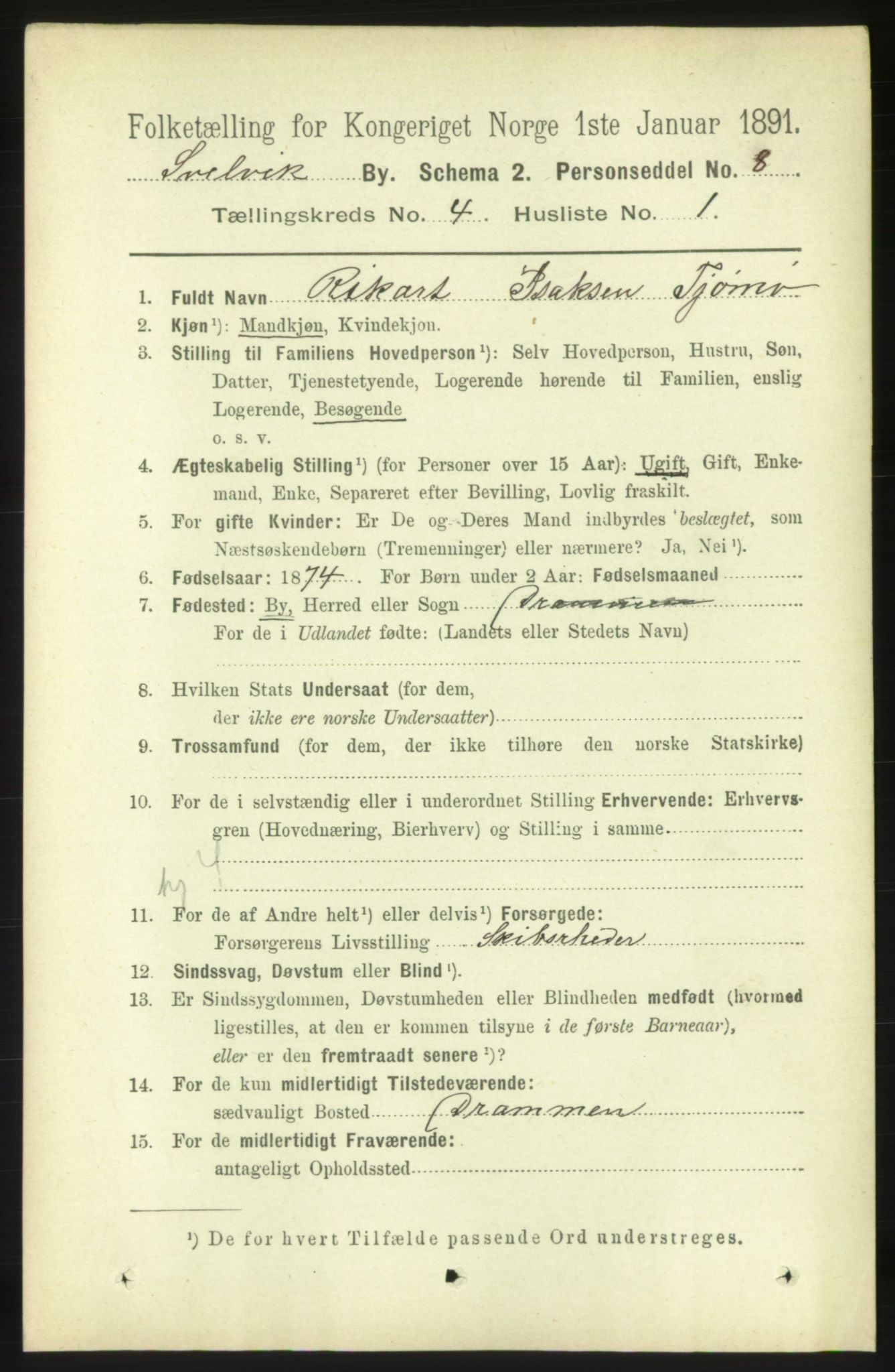 RA, 1891 census for 0701 Svelvik, 1891, p. 1609