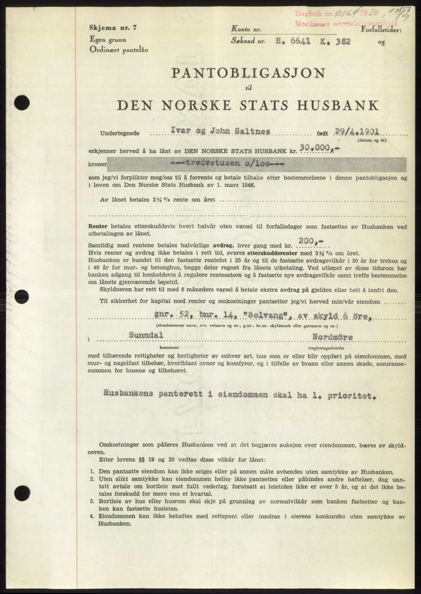 Nordmøre sorenskriveri, AV/SAT-A-4132/1/2/2Ca: Mortgage book no. B105, 1950-1950, Diary no: : 2864/1950