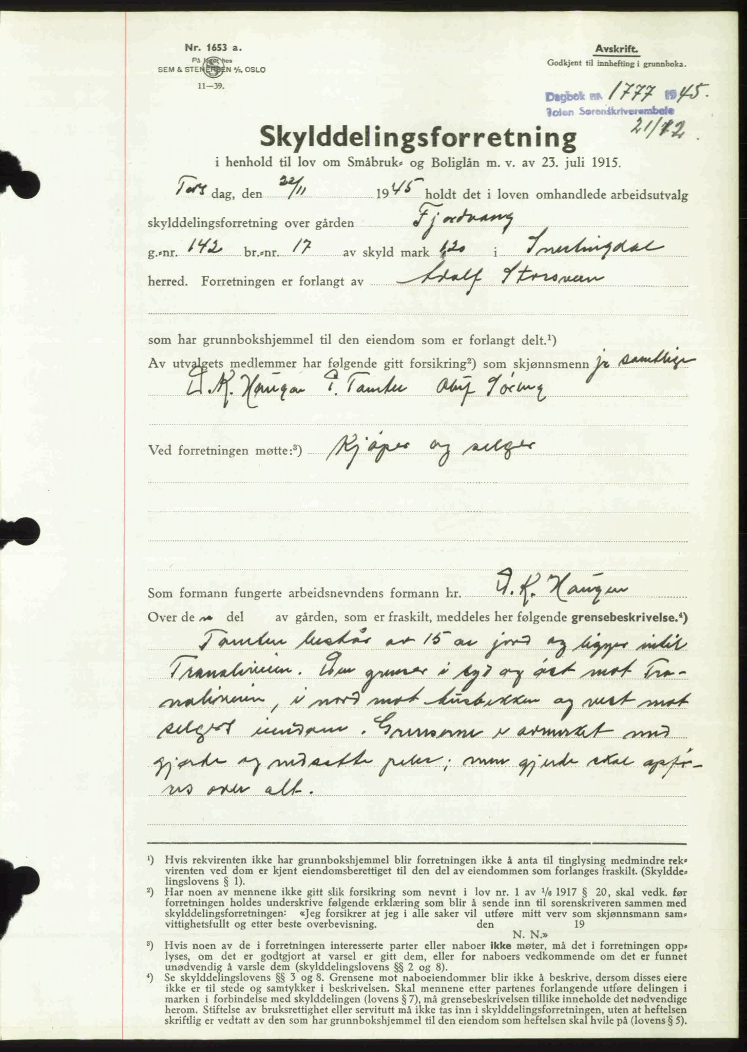 Toten tingrett, SAH/TING-006/H/Hb/Hbc/L0013: Mortgage book no. Hbc-13, 1945-1945, Diary no: : 1777/1945