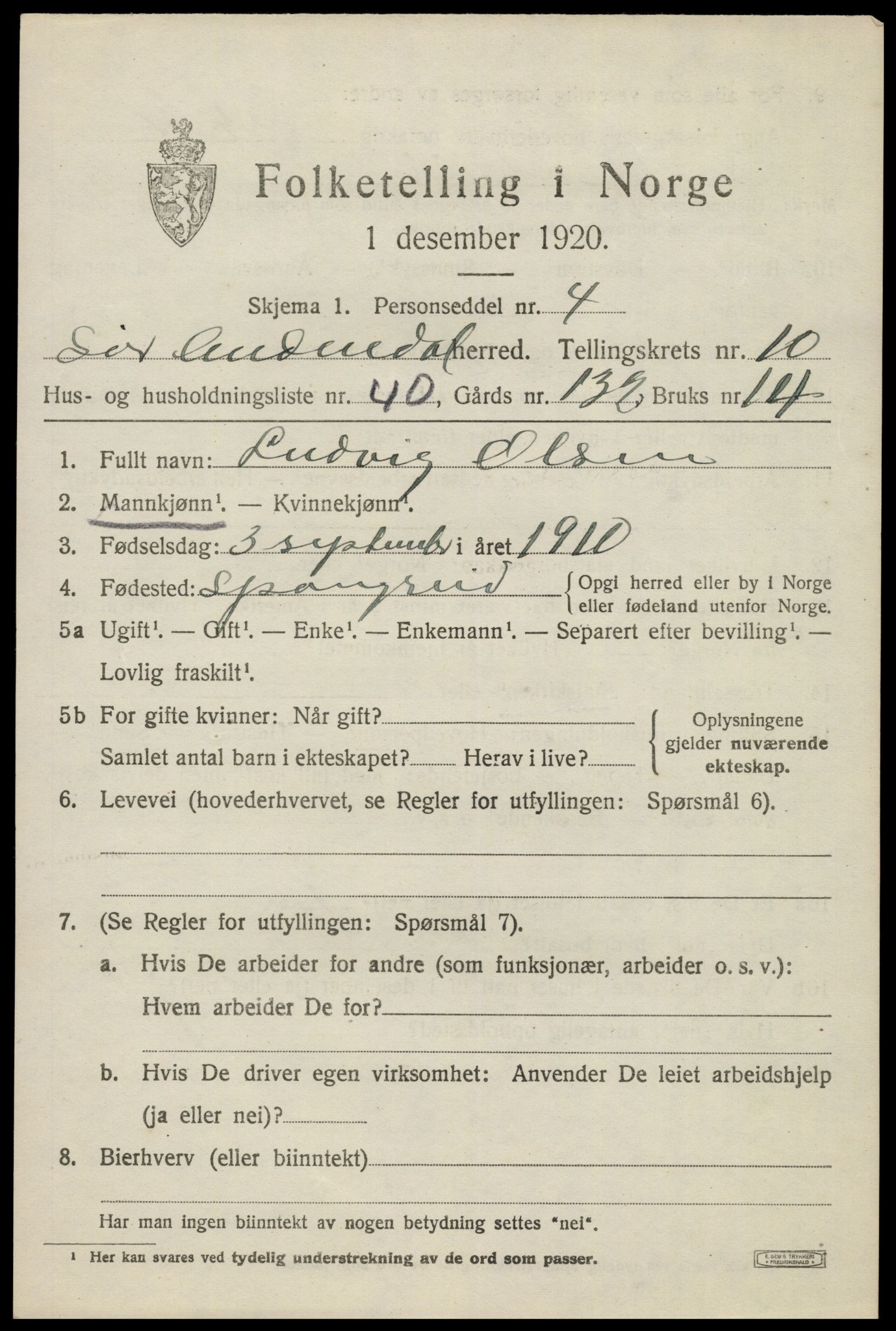 SAK, 1920 census for Sør-Audnedal, 1920, p. 4179