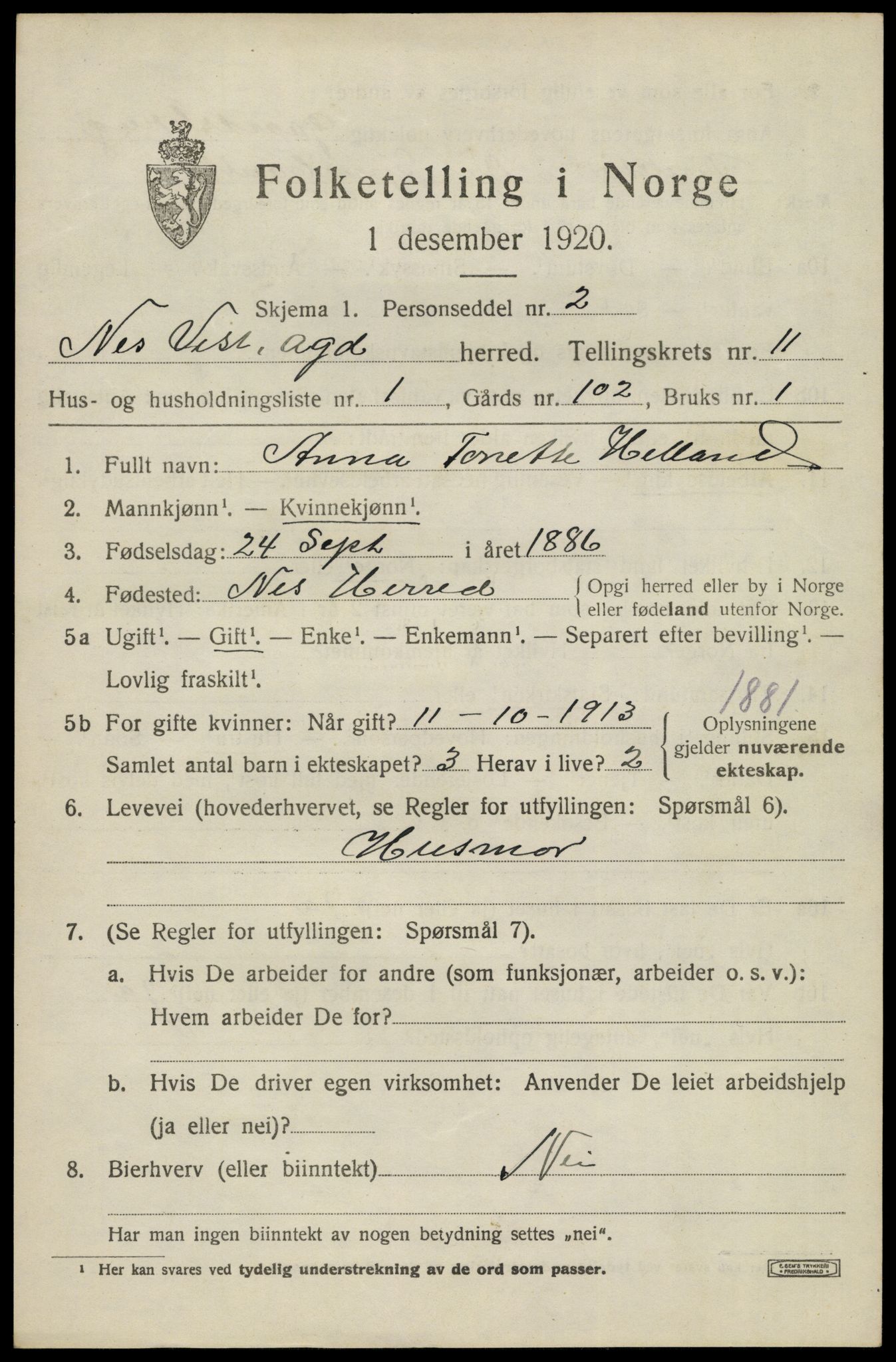 SAK, 1920 census for Nes (V-A), 1920, p. 3960