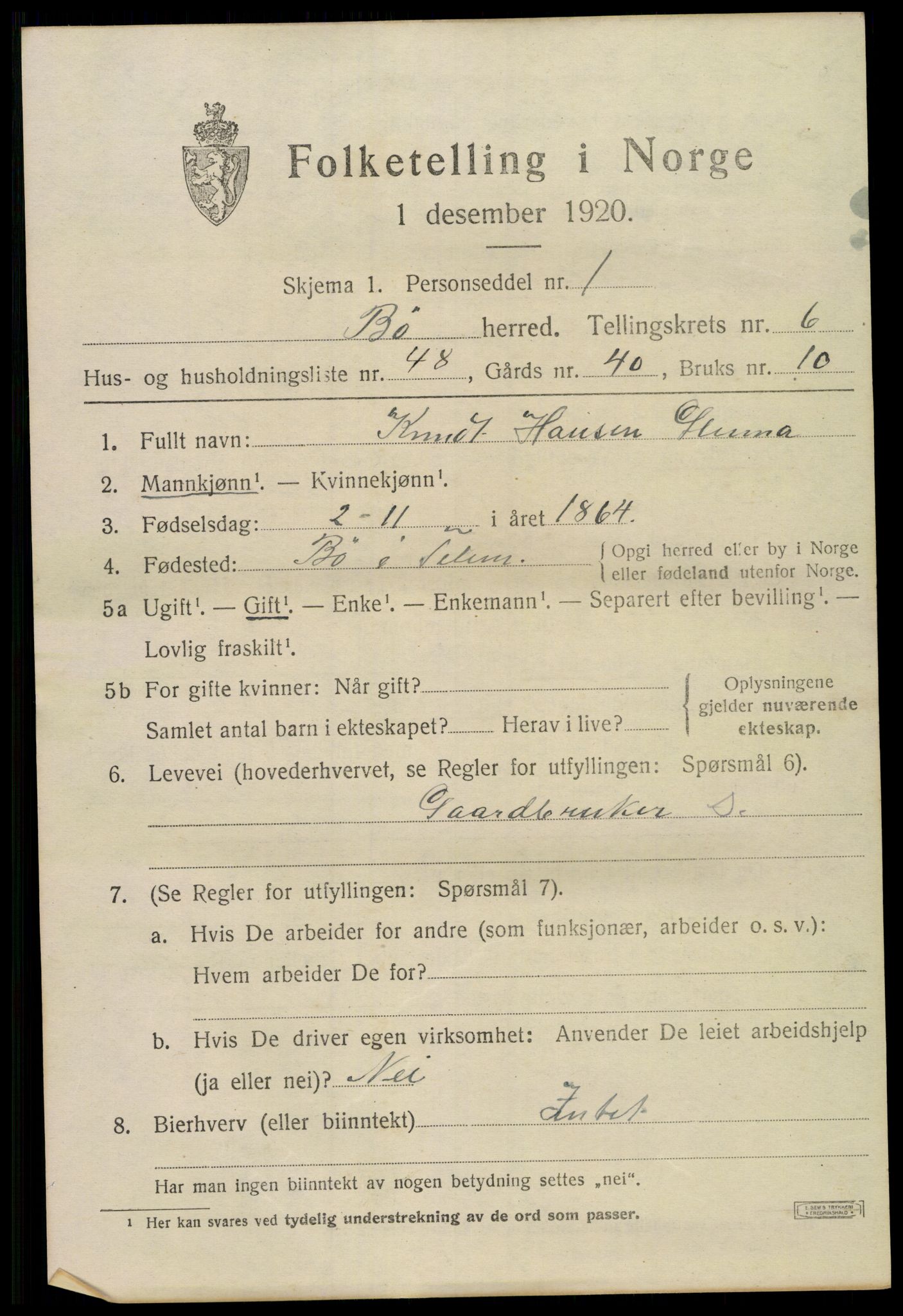 SAKO, 1920 census for Bø (Telemark), 1920, p. 4920