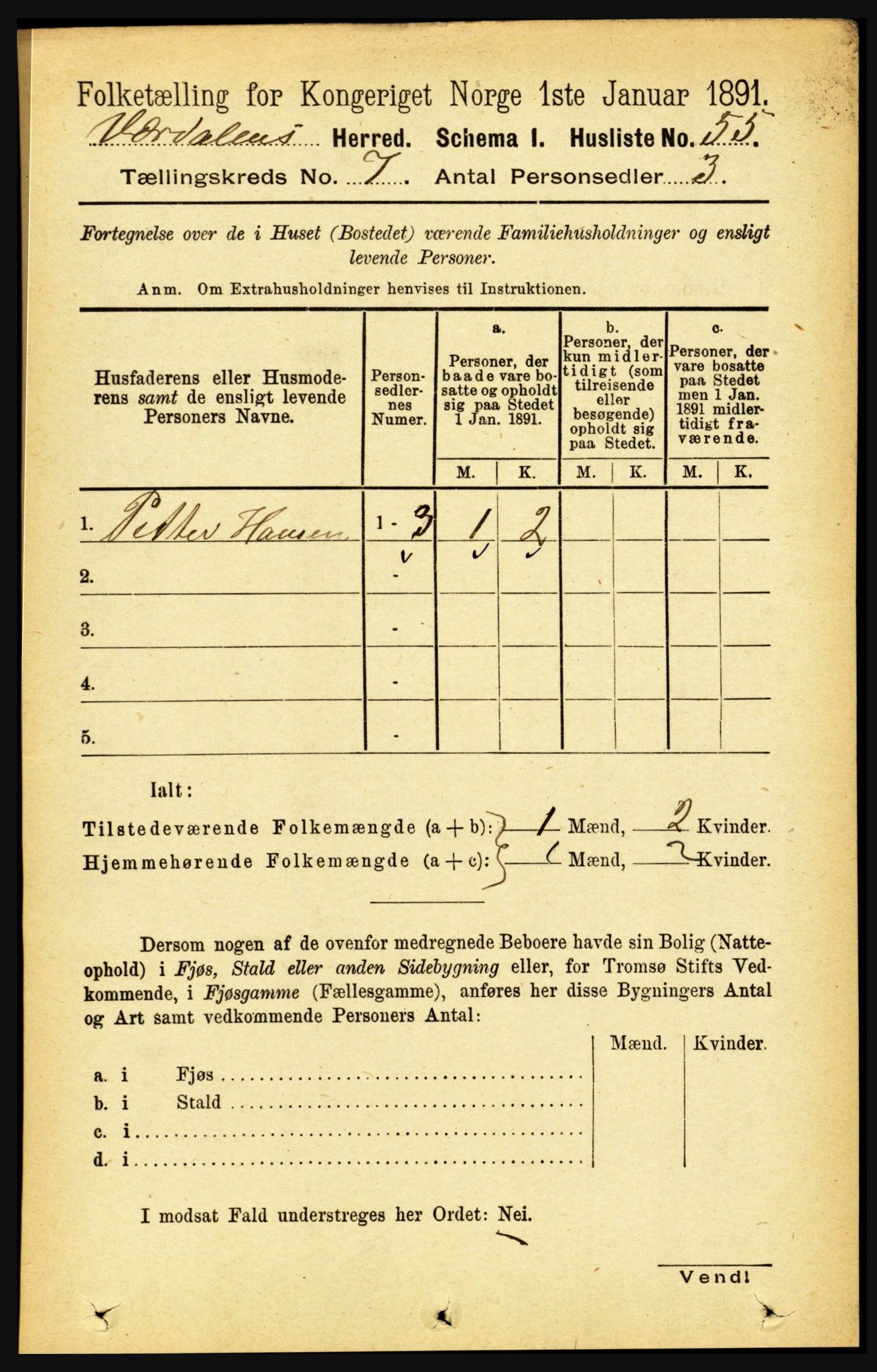 RA, 1891 census for 1721 Verdal, 1891, p. 3969