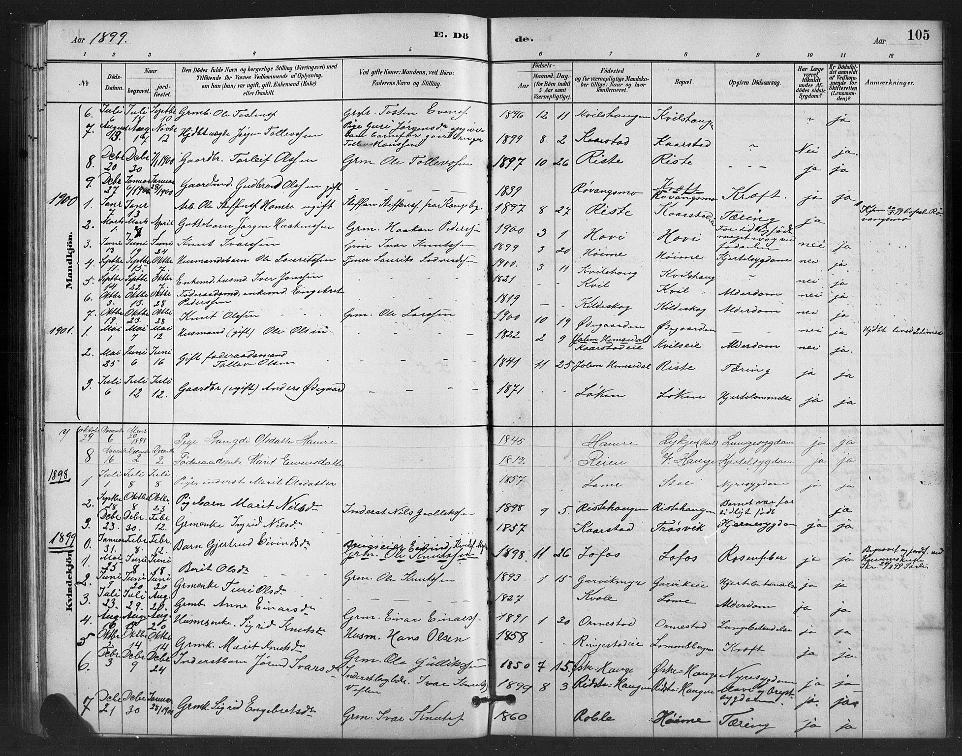 Vestre Slidre prestekontor, SAH/PREST-136/H/Ha/Hab/L0006: Parish register (copy) no. 6, 1881-1915, p. 105