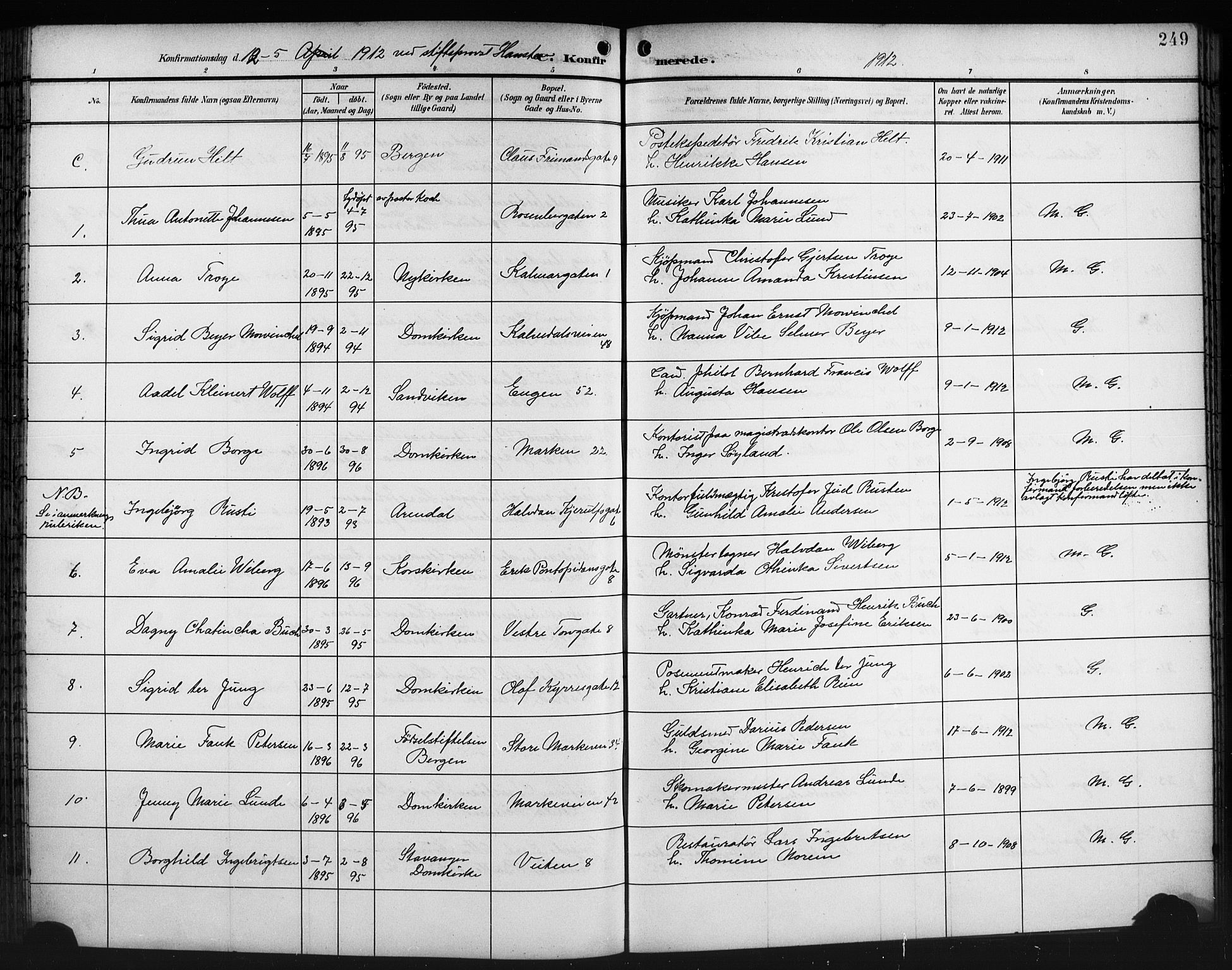 Domkirken sokneprestembete, SAB/A-74801/H/Hab/L0025: Parish register (copy) no. C 5, 1899-1916, p. 249
