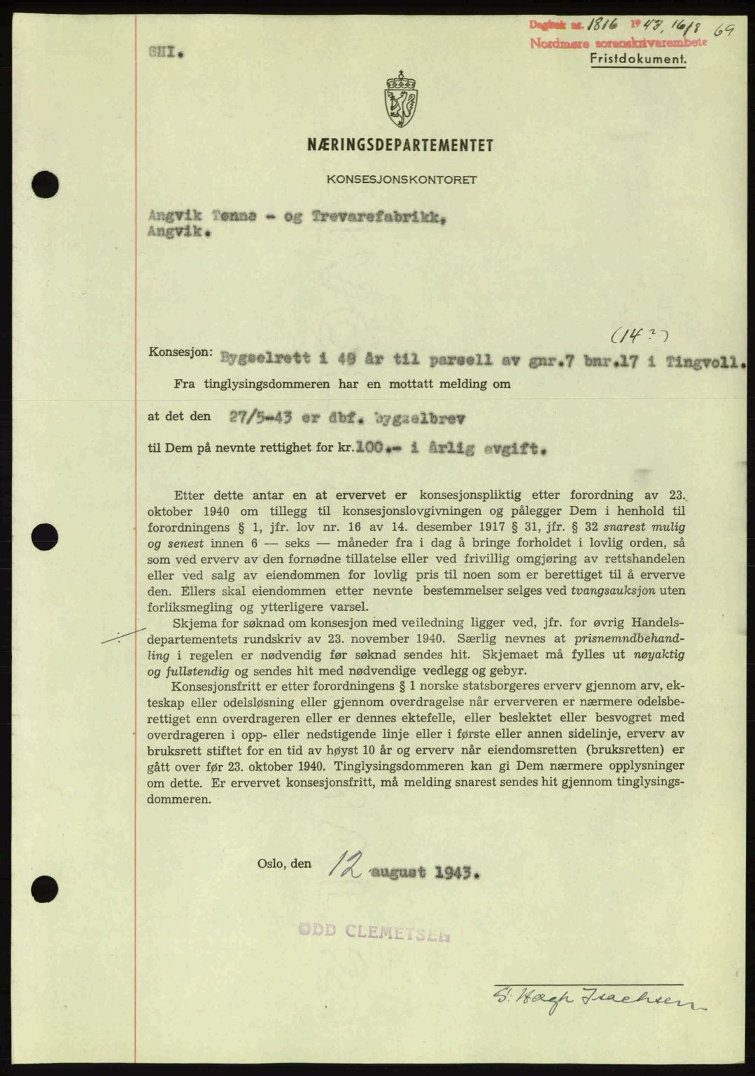 Nordmøre sorenskriveri, AV/SAT-A-4132/1/2/2Ca: Mortgage book no. B91, 1943-1944, Diary no: : 1816/1943