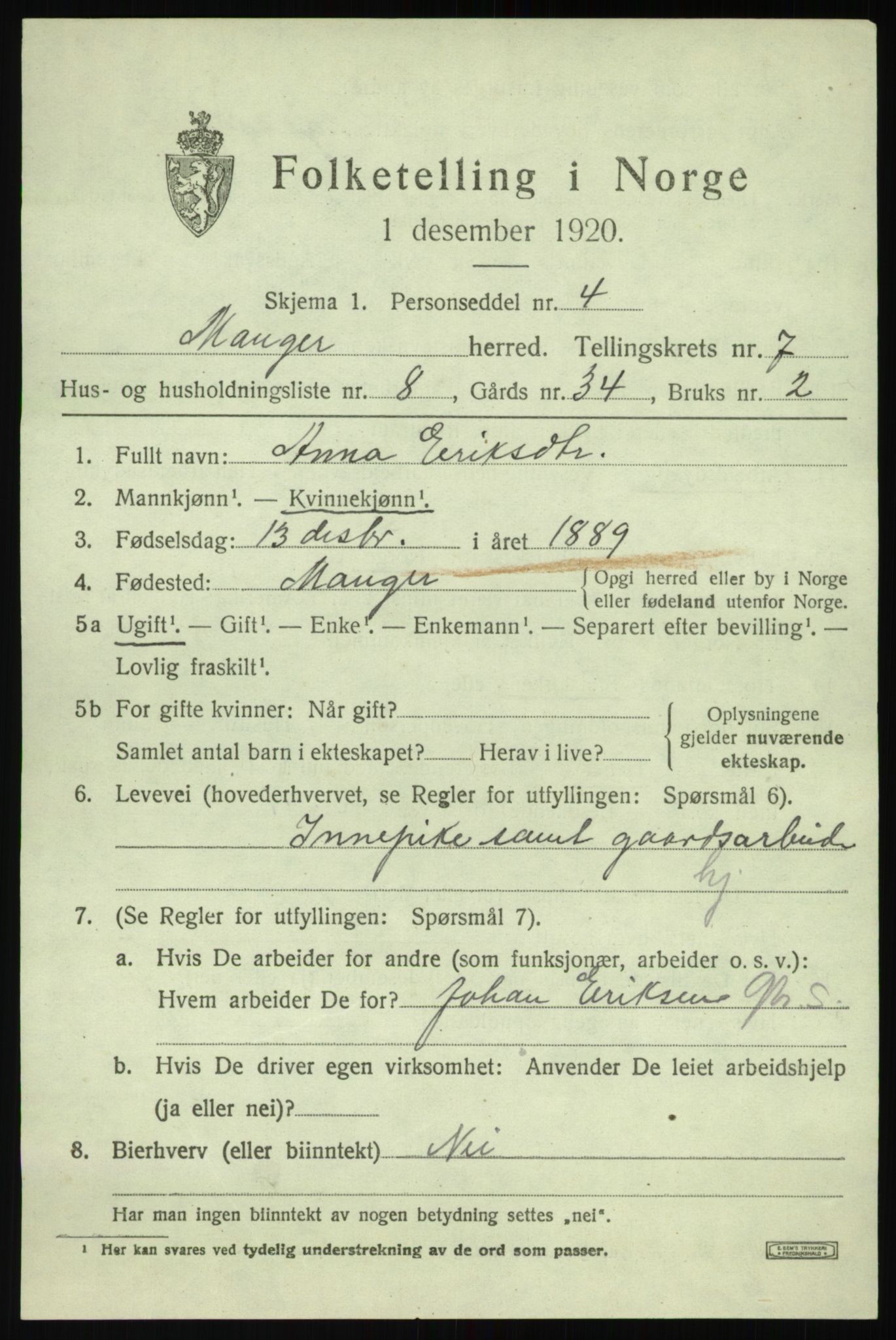 SAB, 1920 census for Manger, 1920, p. 4399