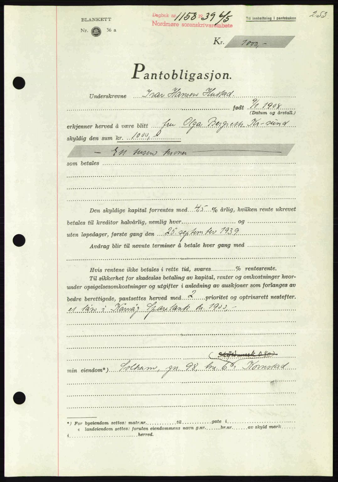 Nordmøre sorenskriveri, AV/SAT-A-4132/1/2/2Ca: Mortgage book no. B85, 1939-1939, Diary no: : 1158/1939