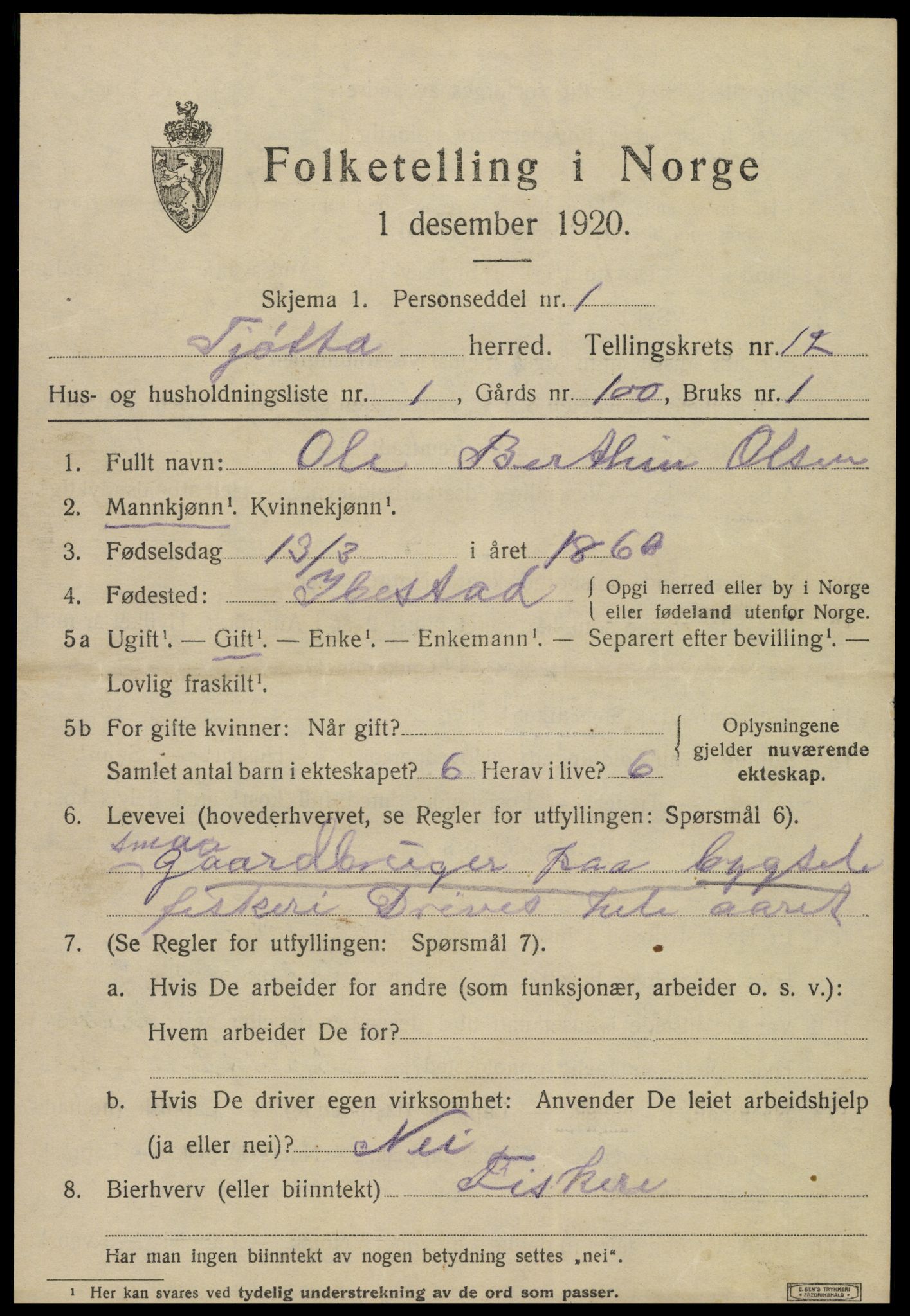 SAT, 1920 census for Tjøtta, 1920, p. 4705