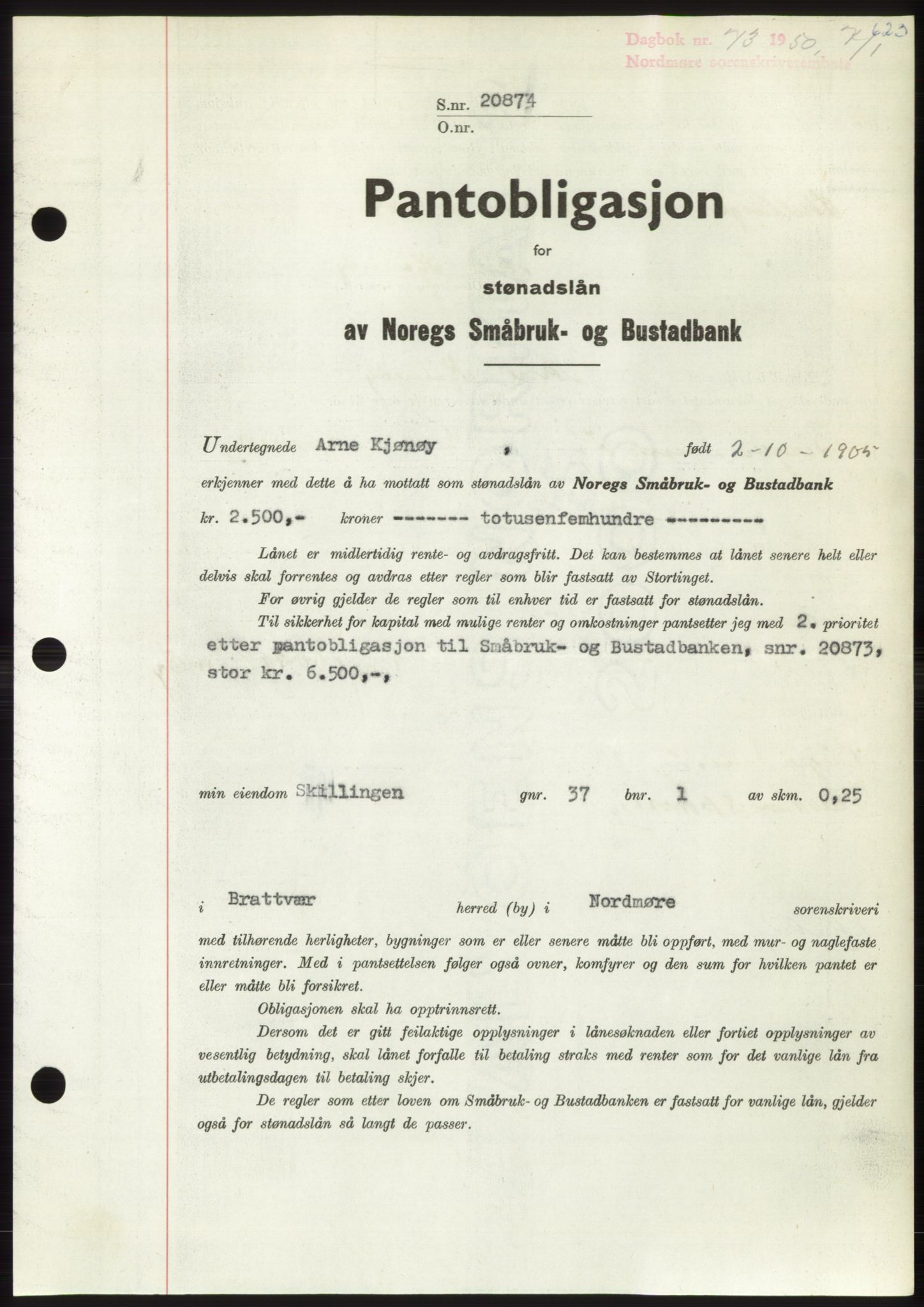 Nordmøre sorenskriveri, SAT/A-4132/1/2/2Ca: Mortgage book no. B103, 1949-1950, Diary no: : 73/1950