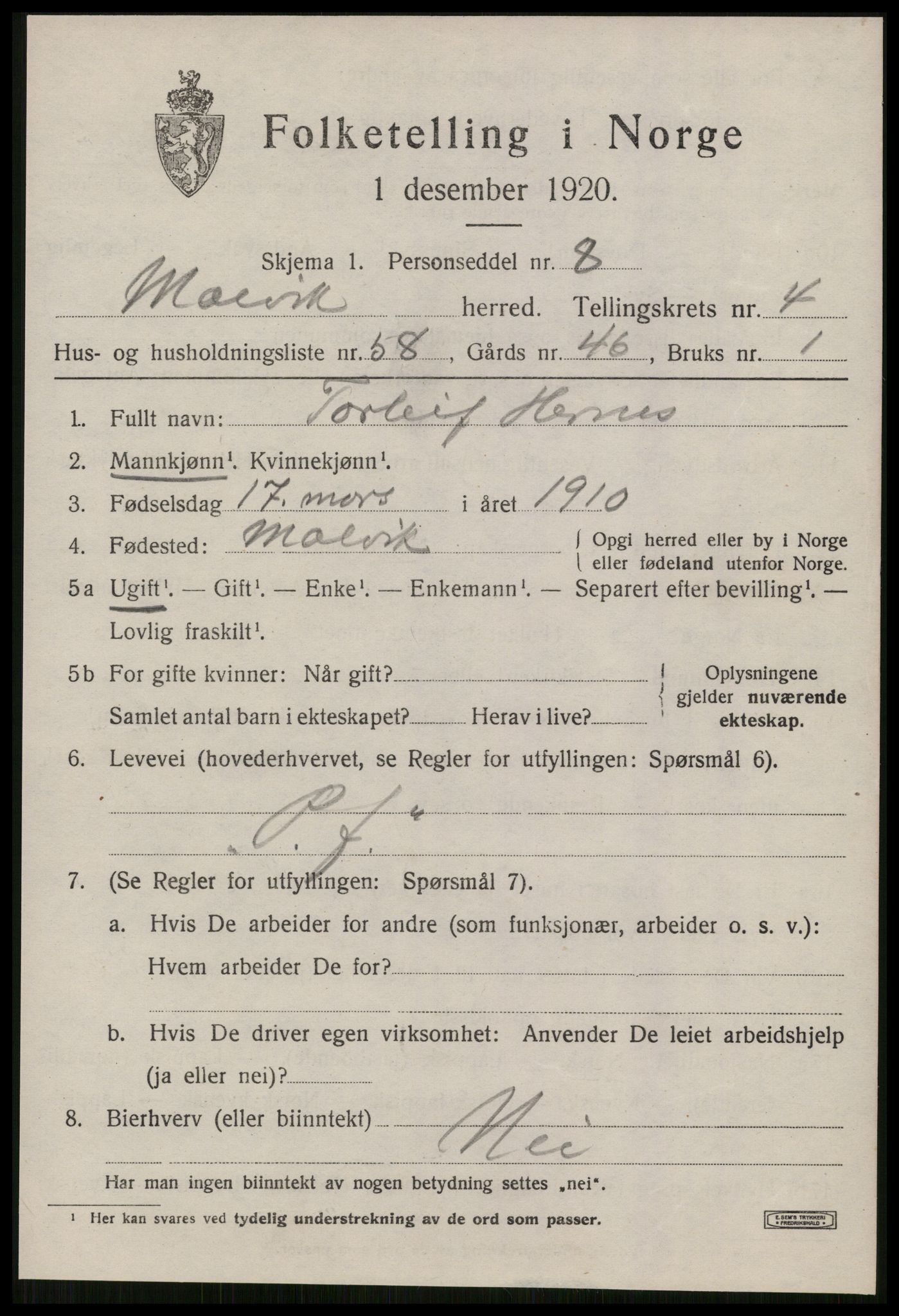 SAT, 1920 census for Malvik, 1920, p. 3178