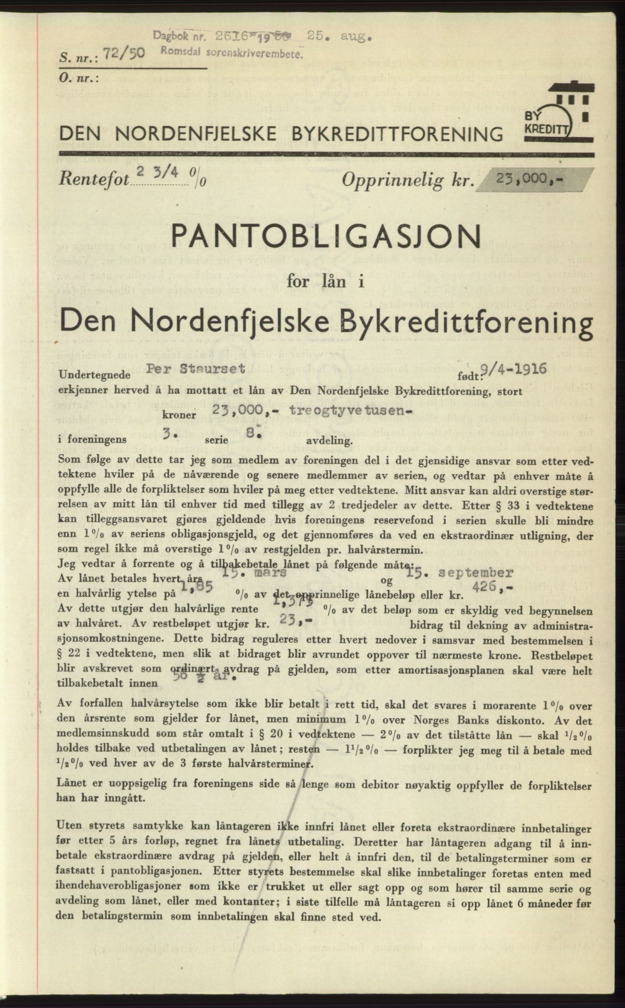 Romsdal sorenskriveri, AV/SAT-A-4149/1/2/2C: Mortgage book no. B5, 1949-1950, Diary no: : 2616/1950