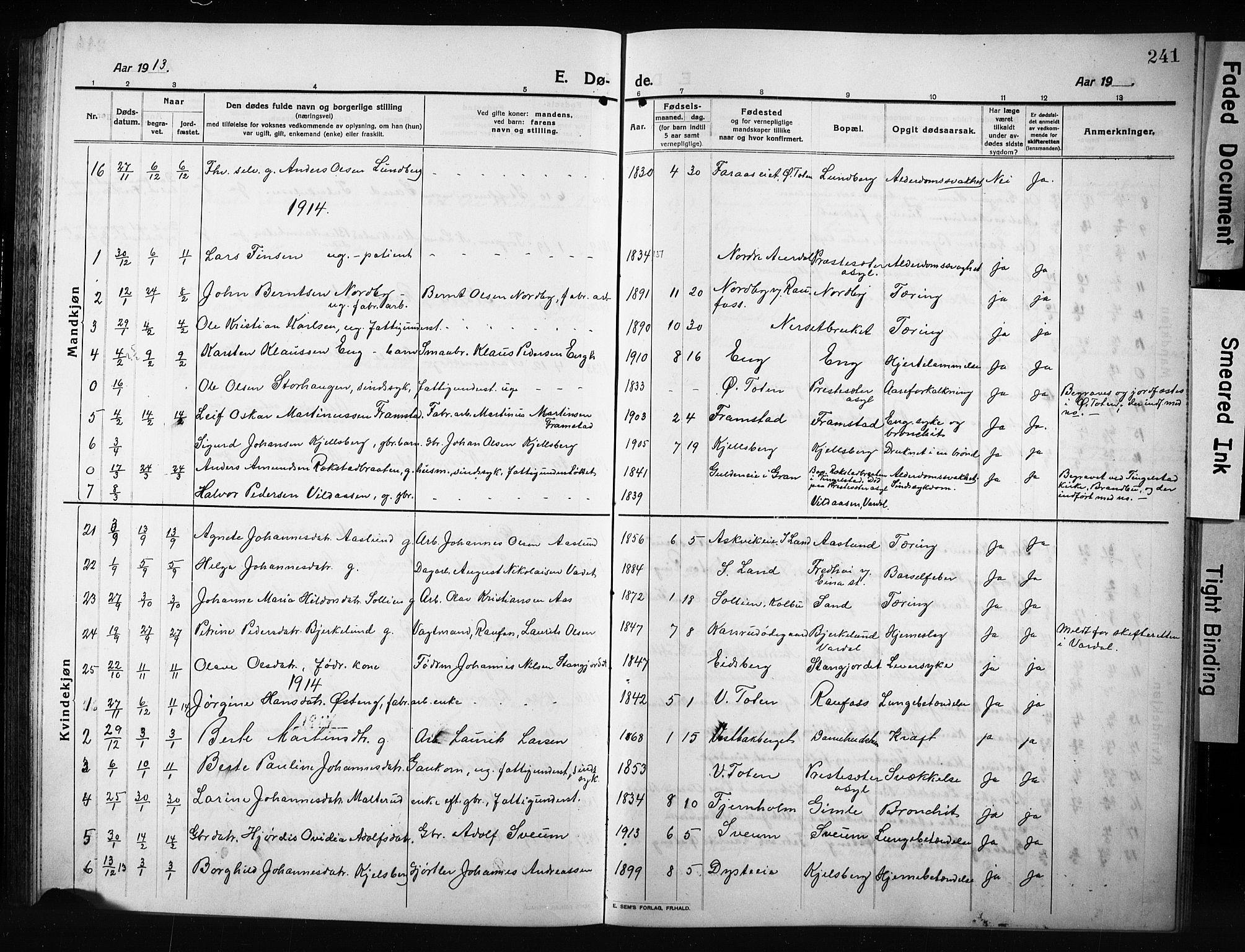 Vestre Toten prestekontor, SAH/PREST-108/H/Ha/Hab/L0012: Parish register (copy) no. 12, 1909-1928, p. 241