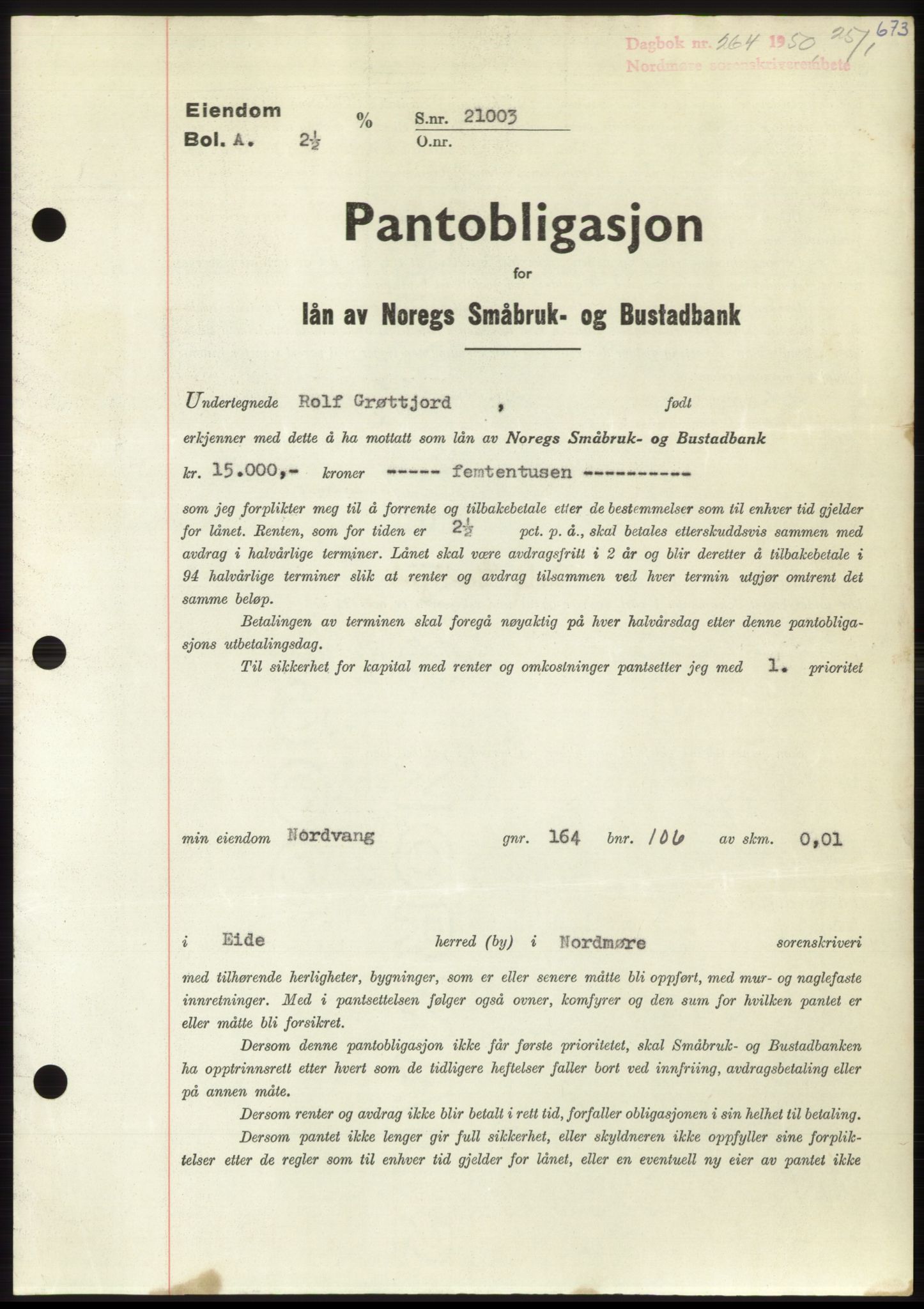 Nordmøre sorenskriveri, AV/SAT-A-4132/1/2/2Ca: Mortgage book no. B103, 1949-1950, Diary no: : 264/1950