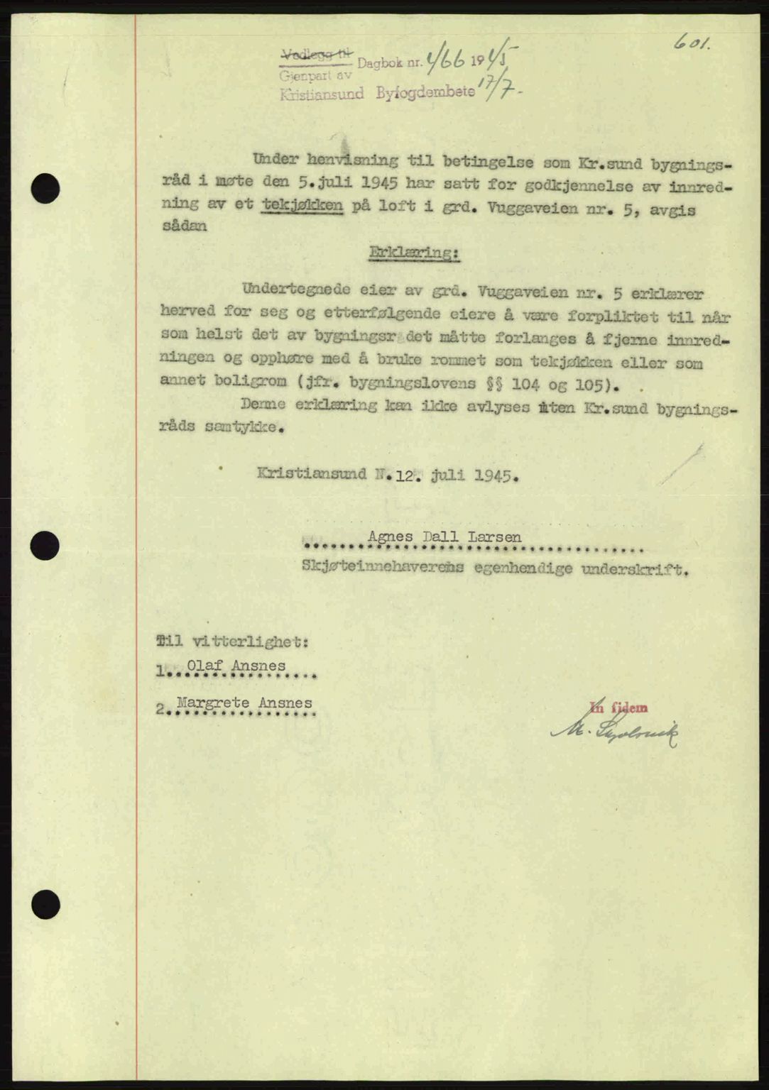 Kristiansund byfogd, SAT/A-4587/A/27: Mortgage book no. 37-38, 1943-1945, Diary no: : 466/1945