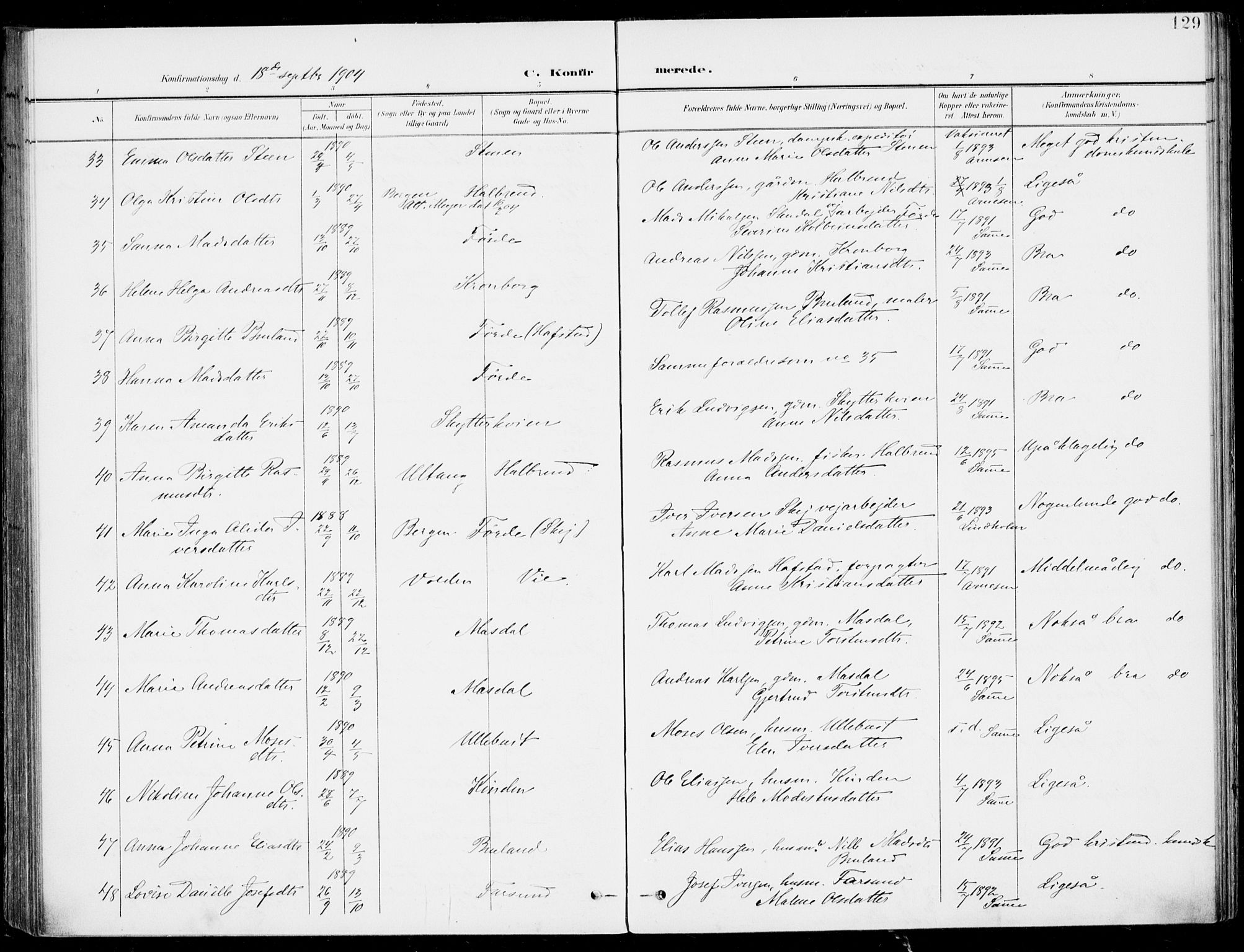 Førde sokneprestembete, AV/SAB-A-79901/H/Haa/Haab/L0002: Parish register (official) no. B  2, 1899-1920, p. 129