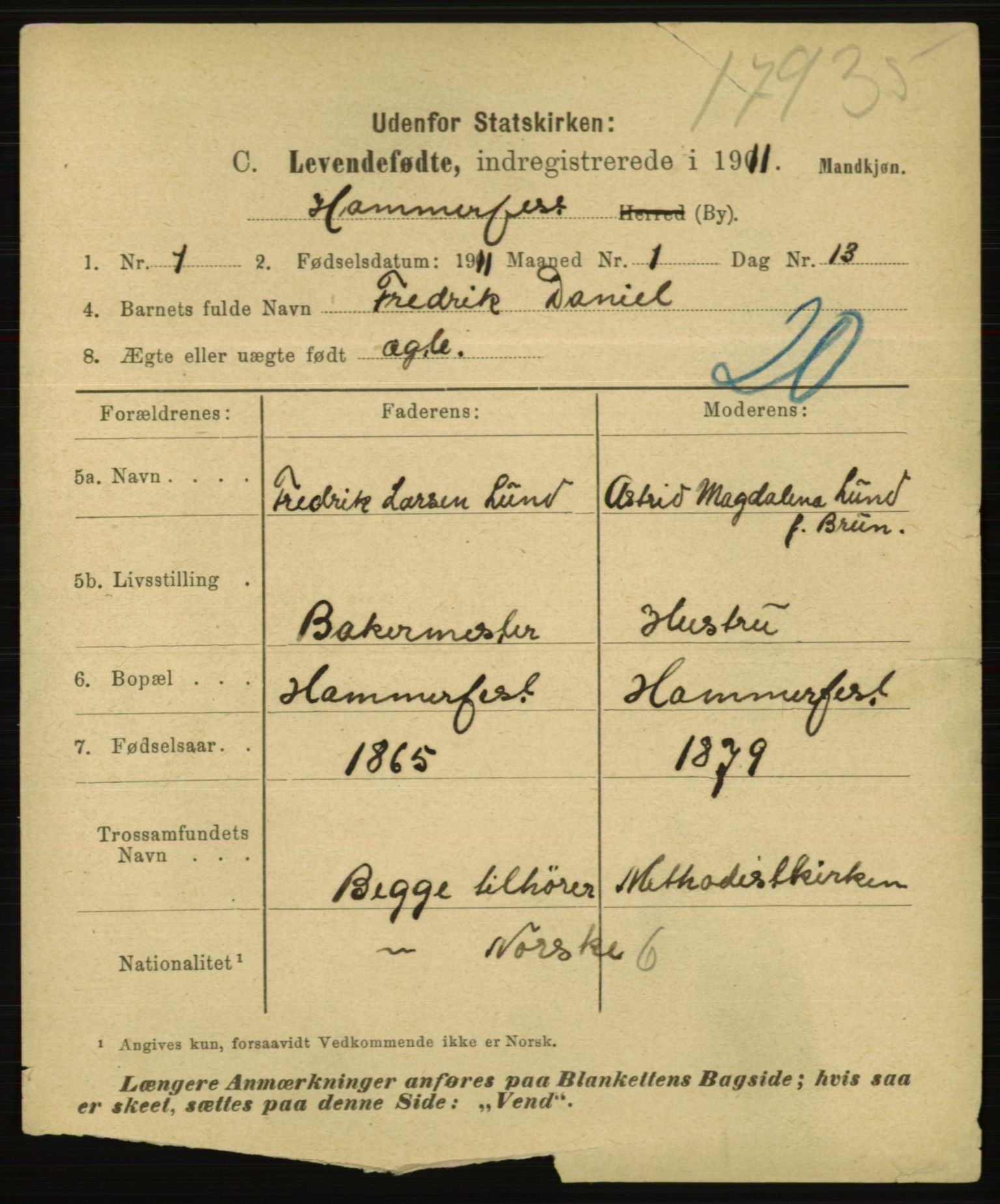 Statistisk sentralbyrå, Sosiodemografiske emner, Befolkning, AV/RA-S-2228/E/L0009: Fødte, gifte, døde dissentere., 1911, p. 1641