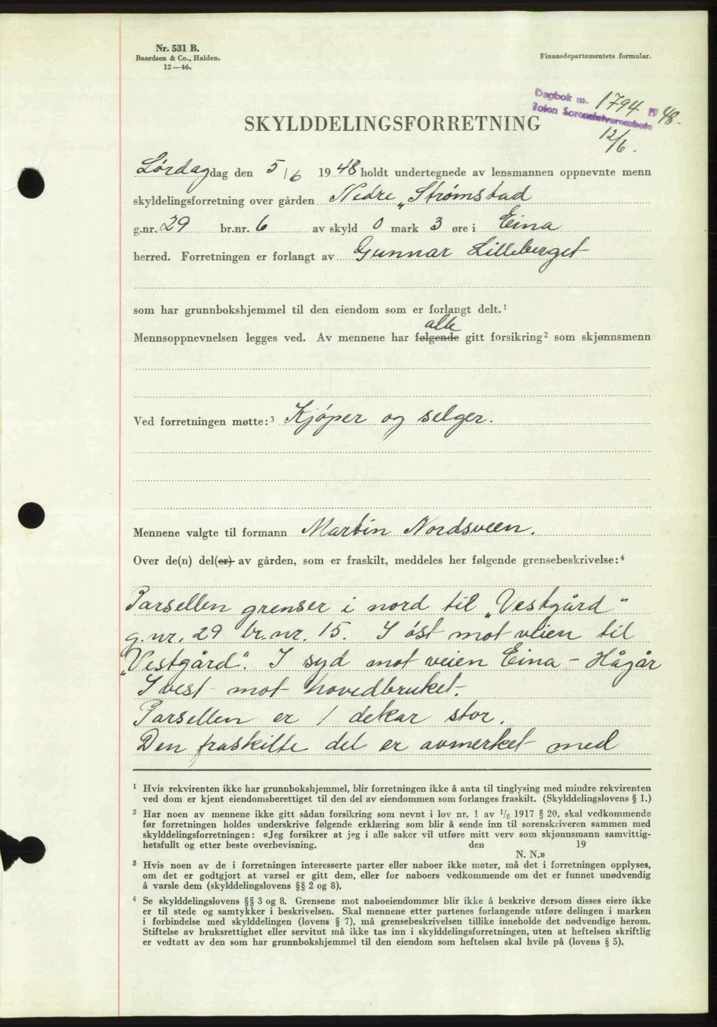 Toten tingrett, SAH/TING-006/H/Hb/Hbc/L0020: Mortgage book no. Hbc-20, 1948-1948, Diary no: : 1794/1948