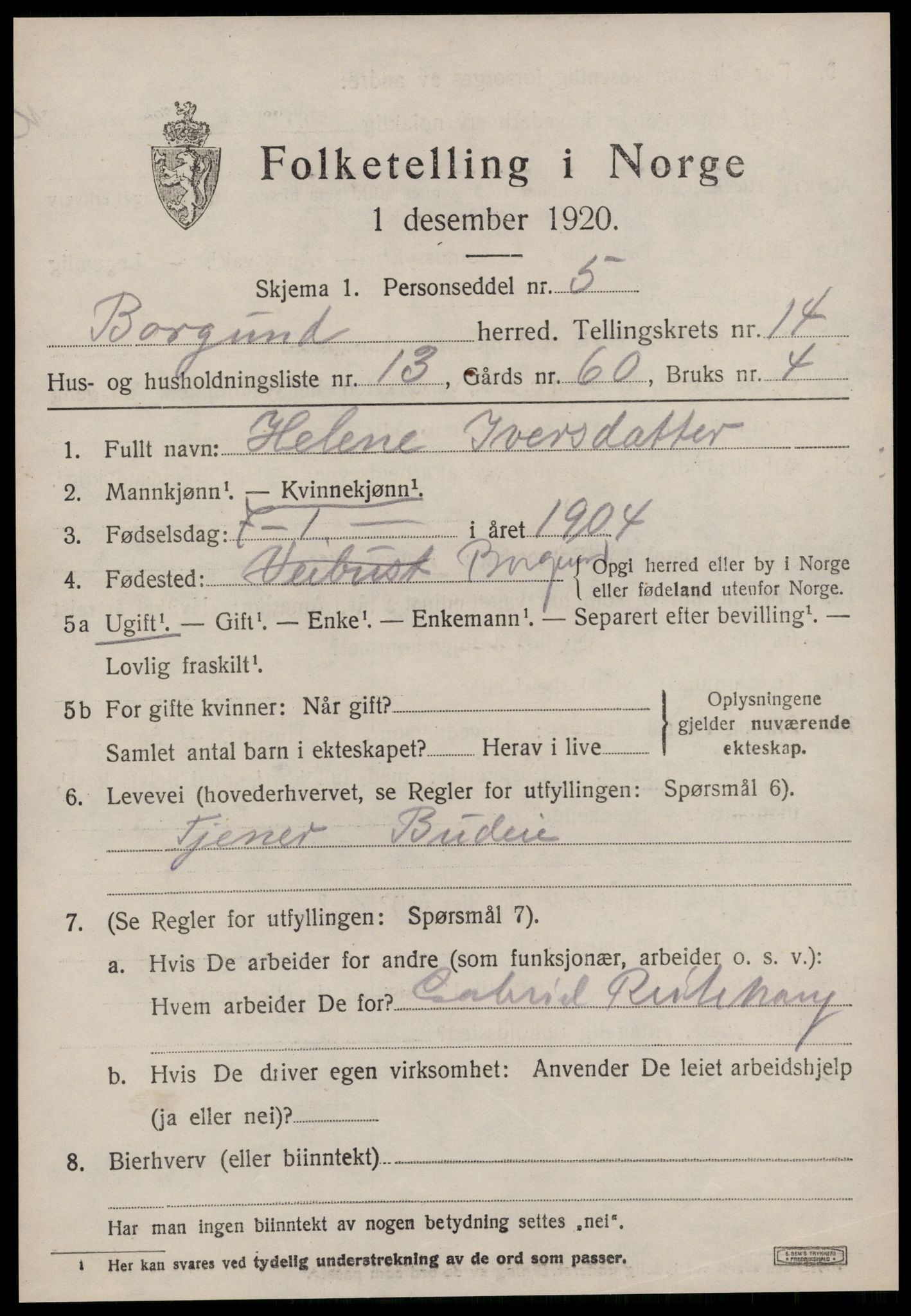 SAT, 1920 census for Borgund, 1920, p. 11238