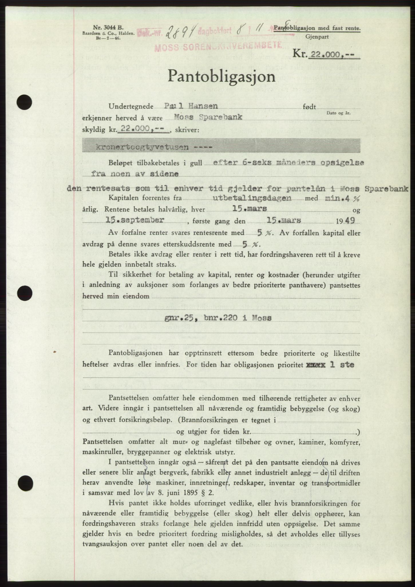 Moss sorenskriveri, AV/SAO-A-10168: Mortgage book no. B20, 1948-1948, Diary no: : 2894/1948