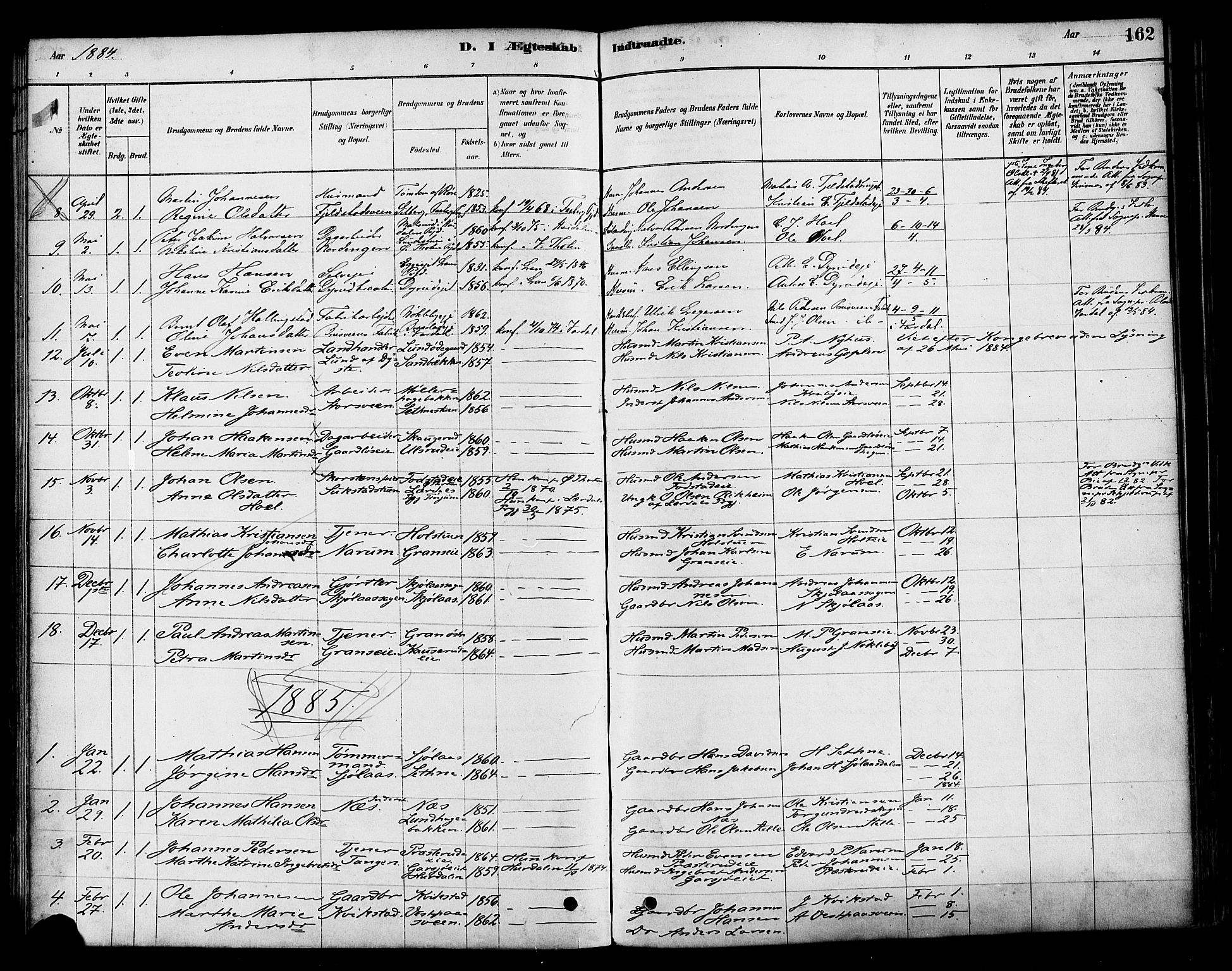 Vestre Toten prestekontor, SAH/PREST-108/H/Ha/Haa/L0010: Parish register (official) no. 10, 1878-1894, p. 162