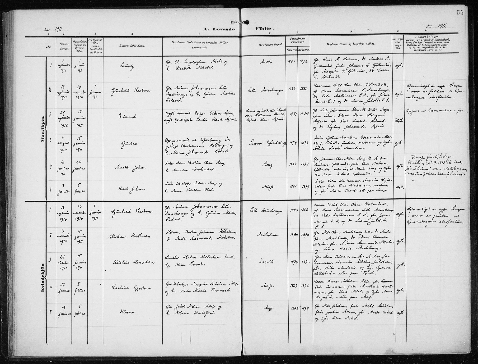 Herdla Sokneprestembete, SAB/A-75701/H/Haa: Parish register (official) no. A 5, 1905-1918, p. 55