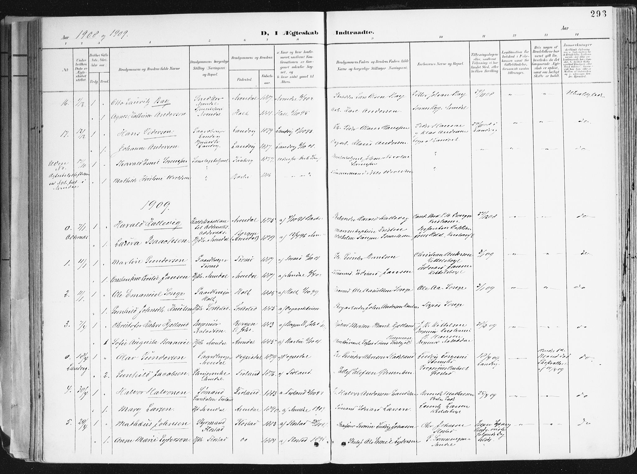 Arendal sokneprestkontor, Trefoldighet, SAK/1111-0040/F/Fa/L0010: Parish register (official) no. A 10, 1900-1919, p. 293