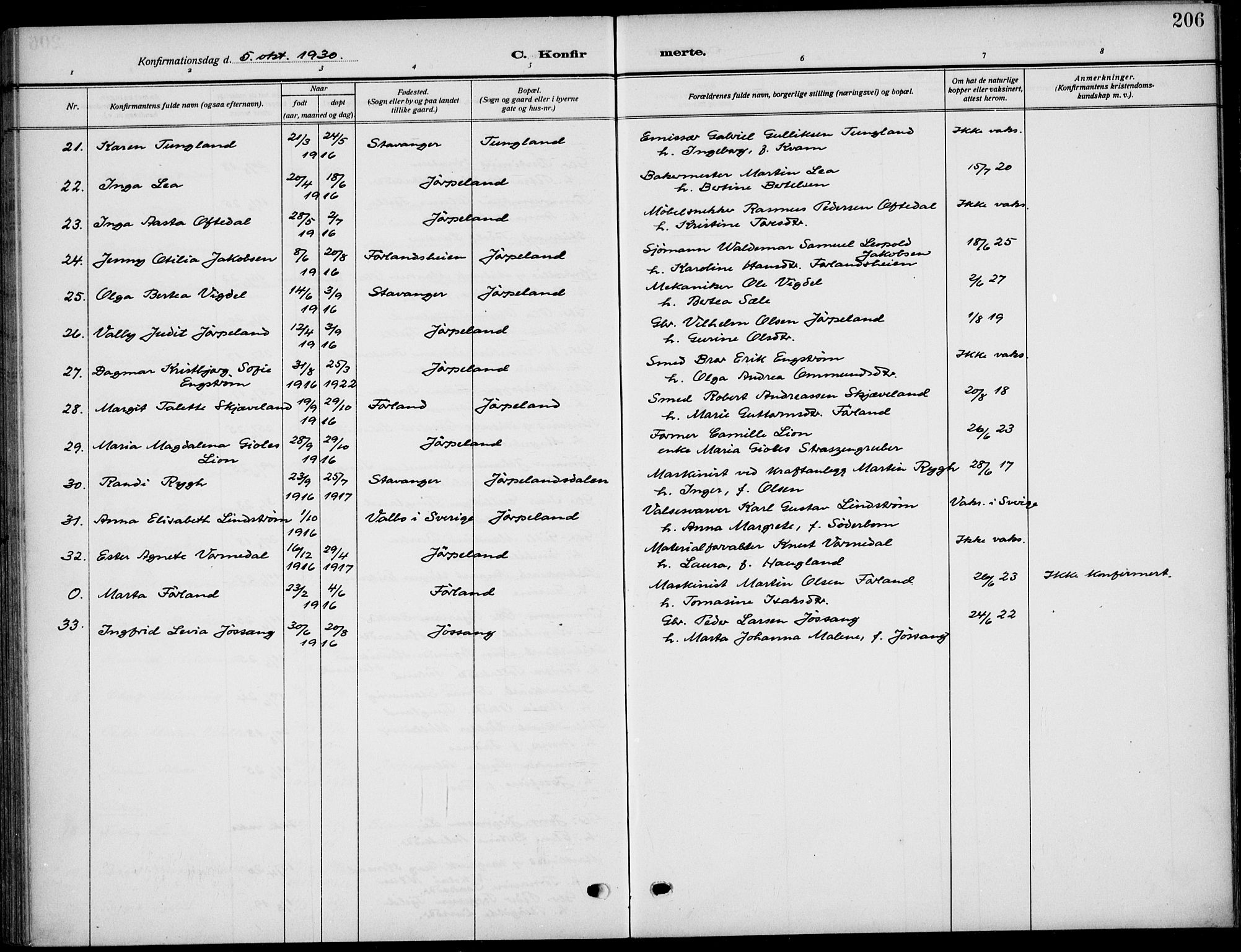 Strand sokneprestkontor, AV/SAST-A-101828/H/Ha/Haa/L0011: Parish register (official) no. A 11, 1908-1930, p. 206