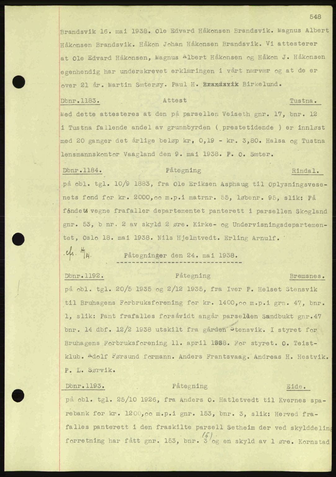 Nordmøre sorenskriveri, AV/SAT-A-4132/1/2/2Ca: Mortgage book no. C80, 1936-1939, Diary no: : 1183/1938