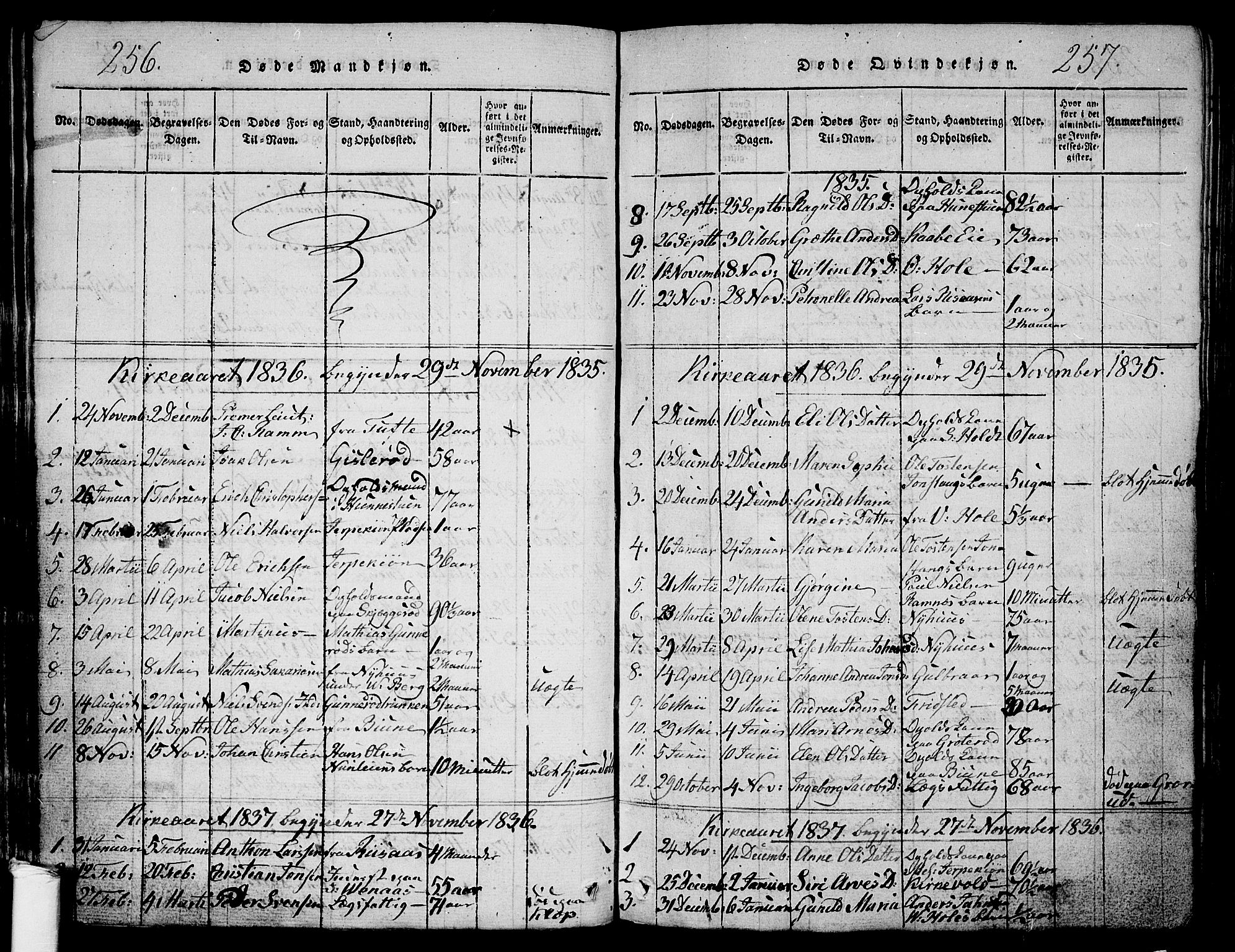 Ramnes kirkebøker, AV/SAKO-A-314/G/Ga/L0001: Parish register (copy) no. I 1, 1813-1847, p. 256-257