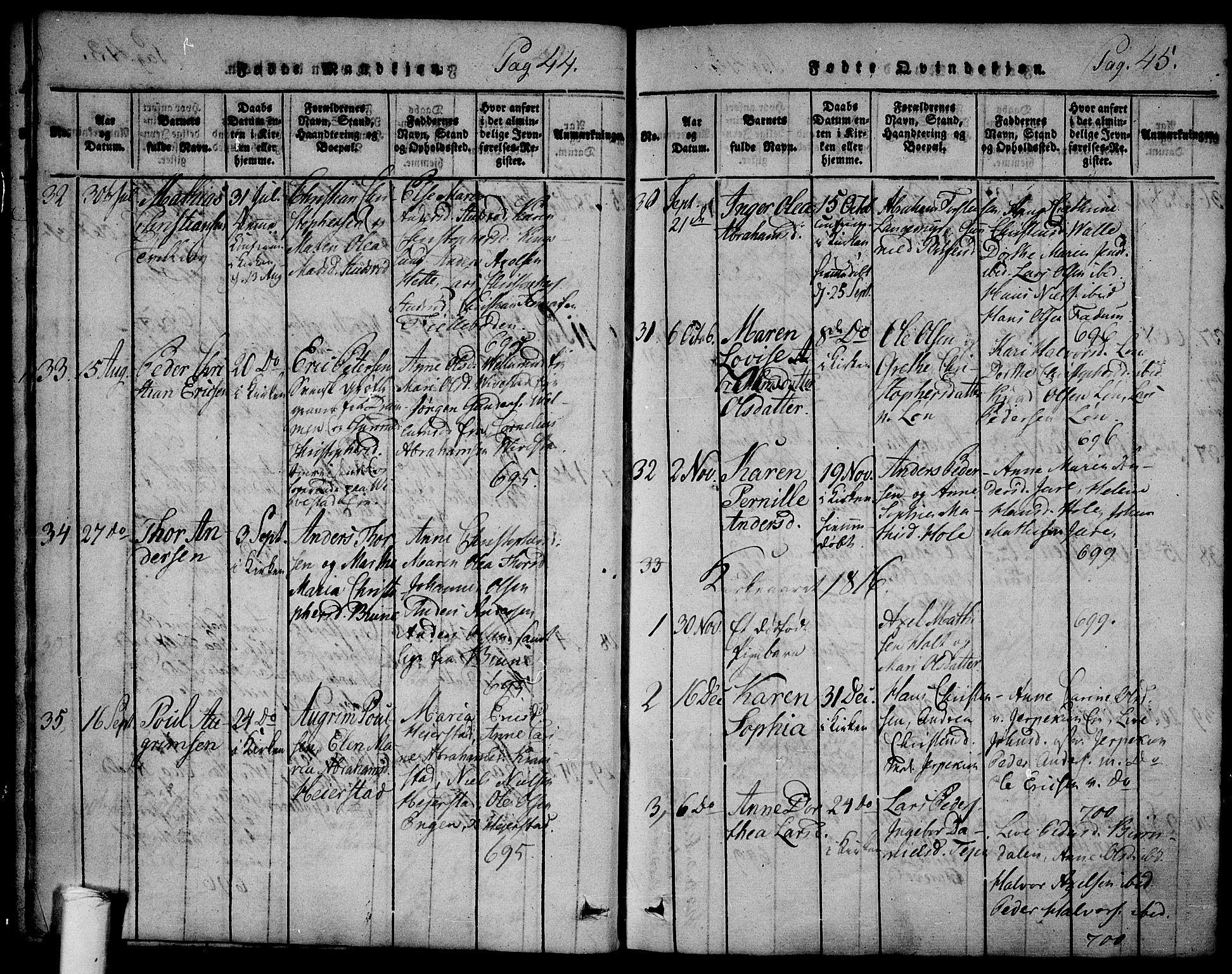 Ramnes kirkebøker, AV/SAKO-A-314/F/Fa/L0004: Parish register (official) no. I 4, 1813-1840, p. 44-45