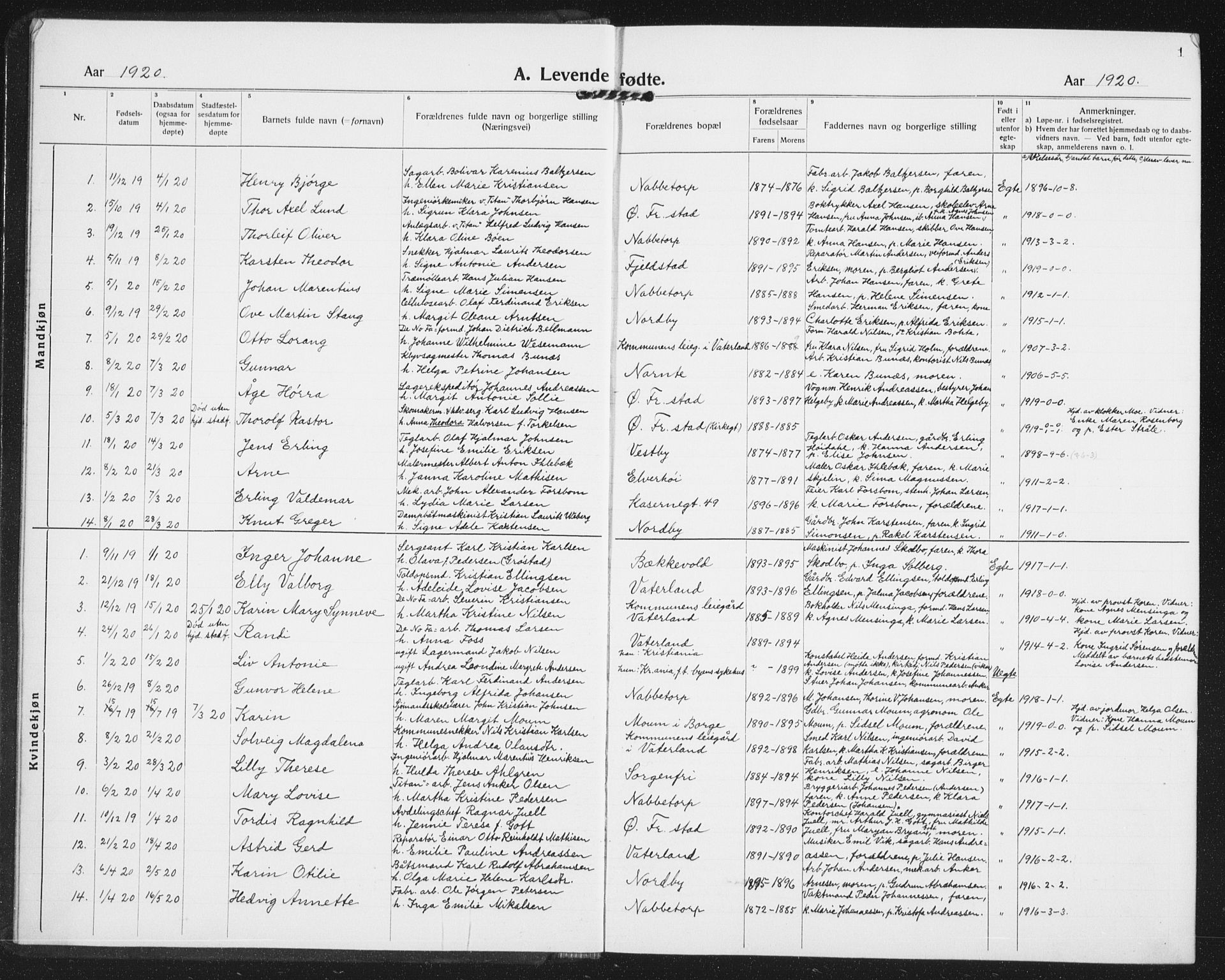 Østre Fredrikstad prestekontor Kirkebøker, SAO/A-10907/G/Ga/L0003: Parish register (copy) no. 3, 1920-1940, p. 1