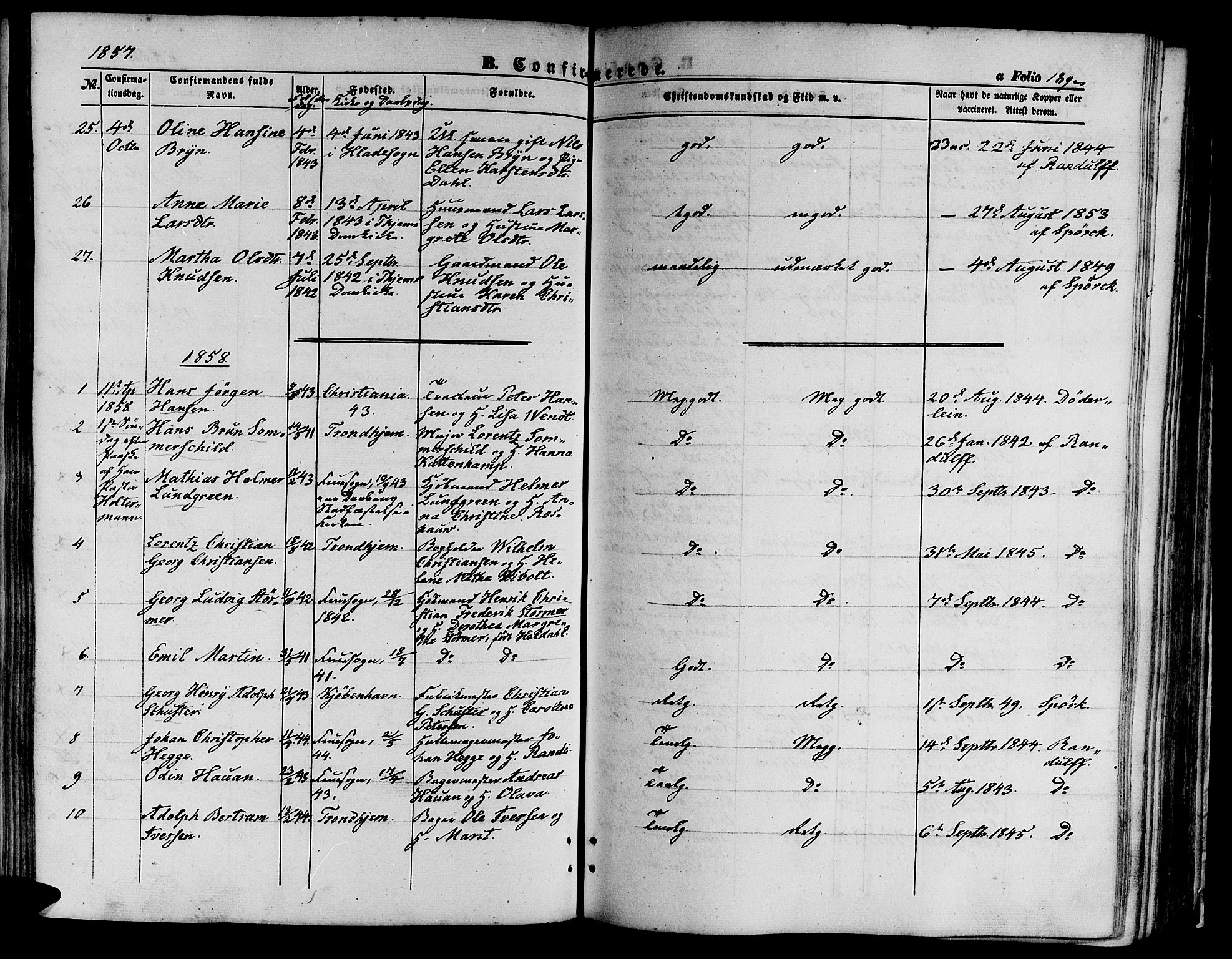 Ministerialprotokoller, klokkerbøker og fødselsregistre - Sør-Trøndelag, SAT/A-1456/602/L0138: Parish register (copy) no. 602C06, 1853-1858, p. 189