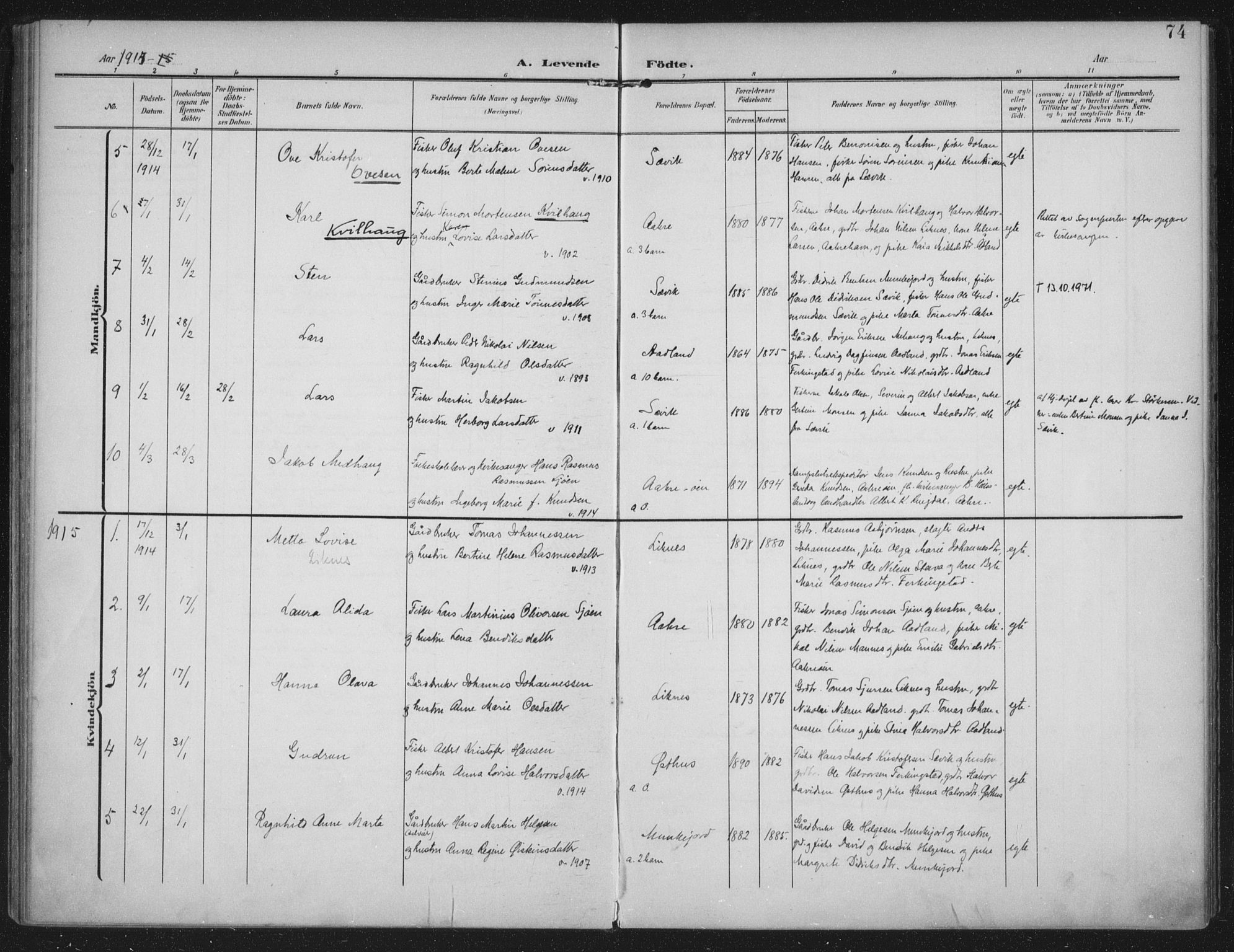 Kopervik sokneprestkontor, SAST/A-101850/H/Ha/Haa/L0005: Parish register (official) no. A 5, 1906-1924, p. 74