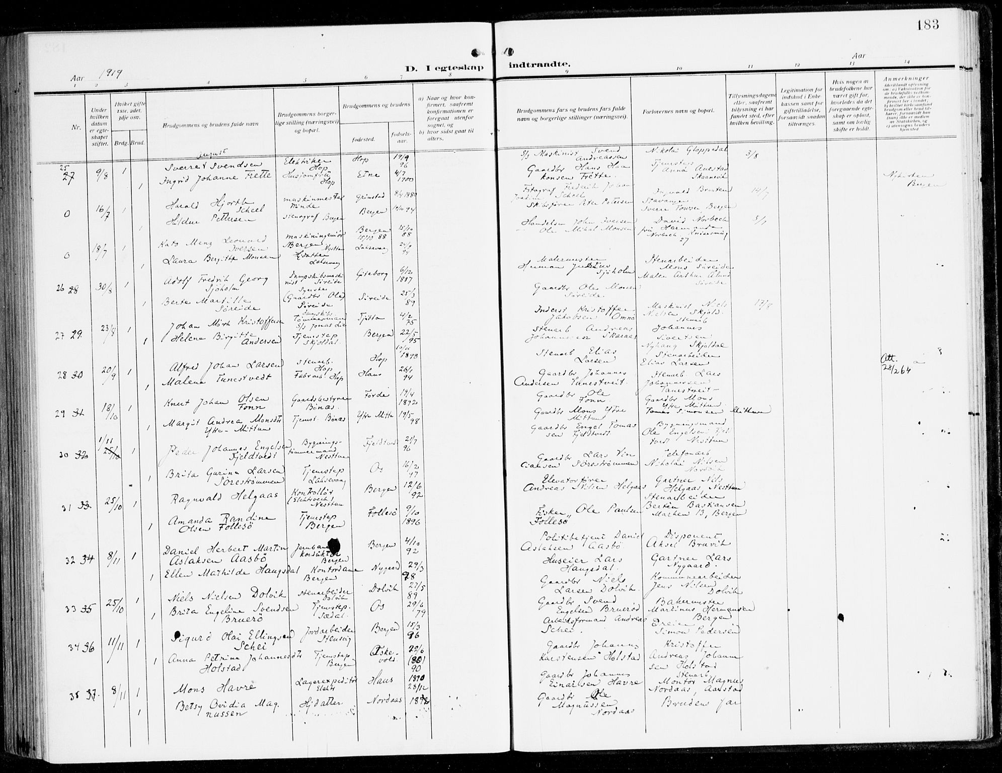 Fana Sokneprestembete, AV/SAB-A-75101/H/Haa/Haai/L0004: Parish register (official) no. I 4, 1912-1933, p. 183