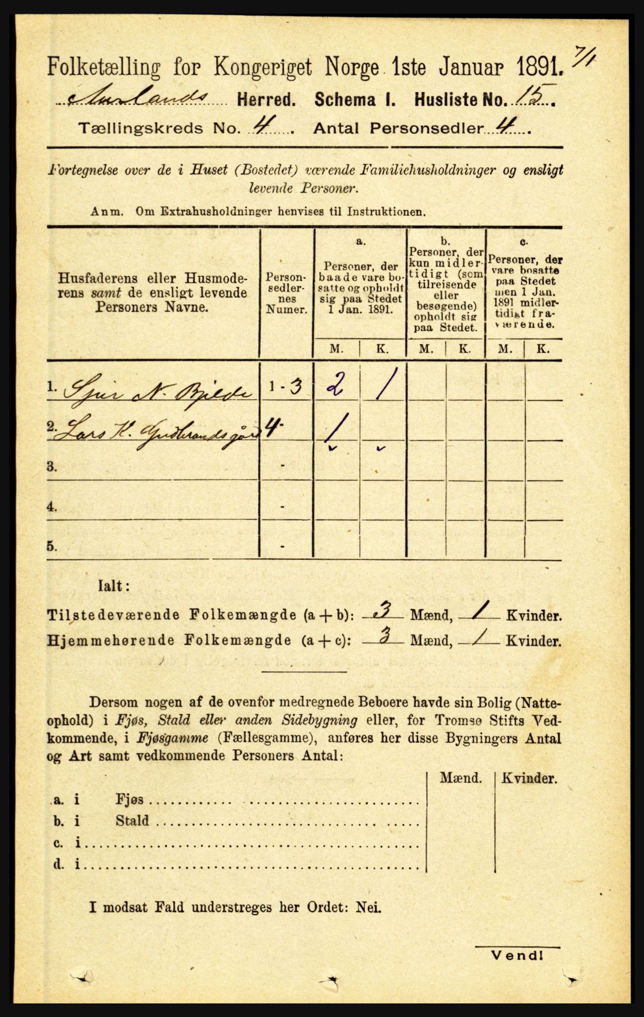 RA, 1891 census for 1421 Aurland, 1891, p. 1299