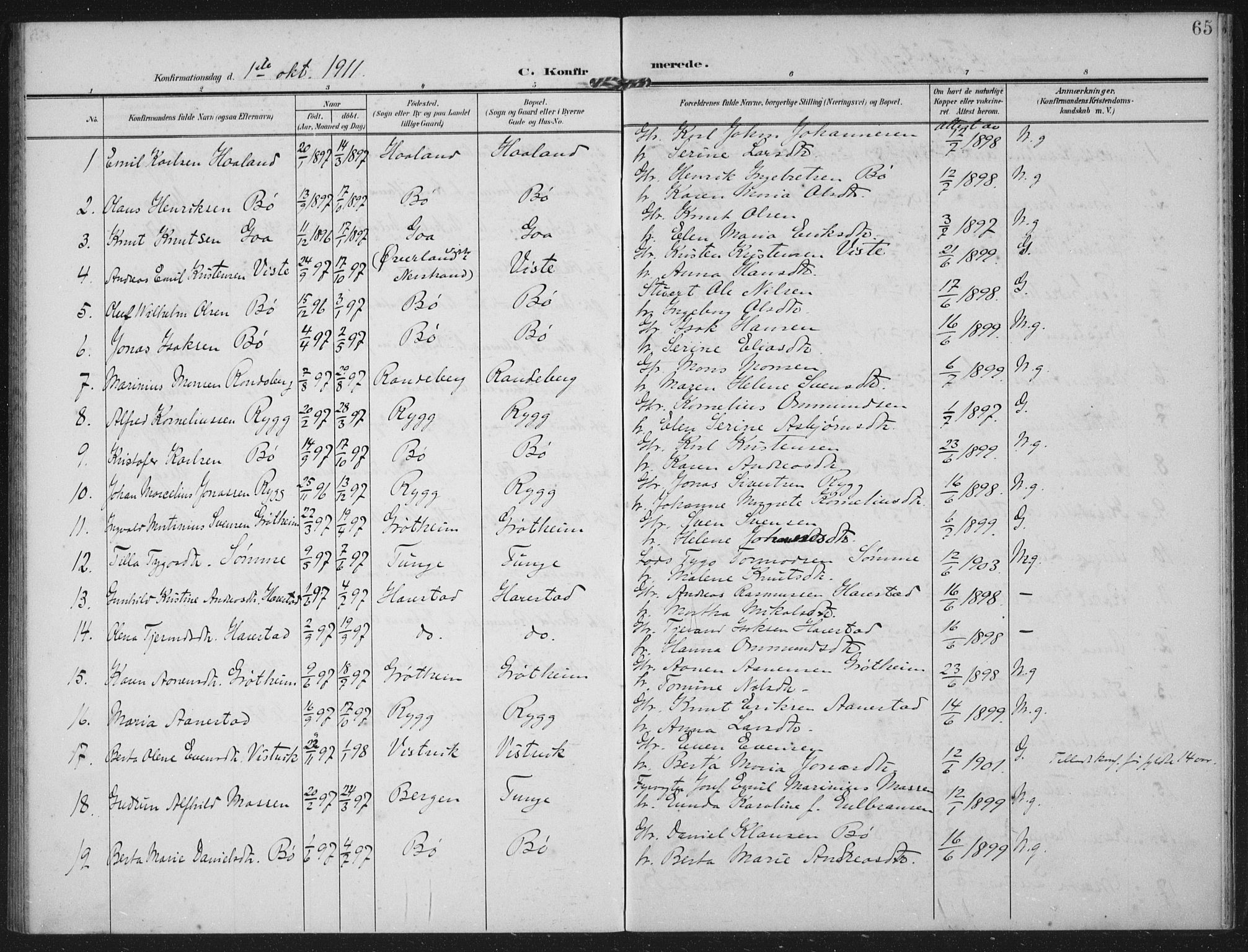 Hetland sokneprestkontor, AV/SAST-A-101826/30/30BA: Parish register (official) no. A 14, 1905-1919, p. 65