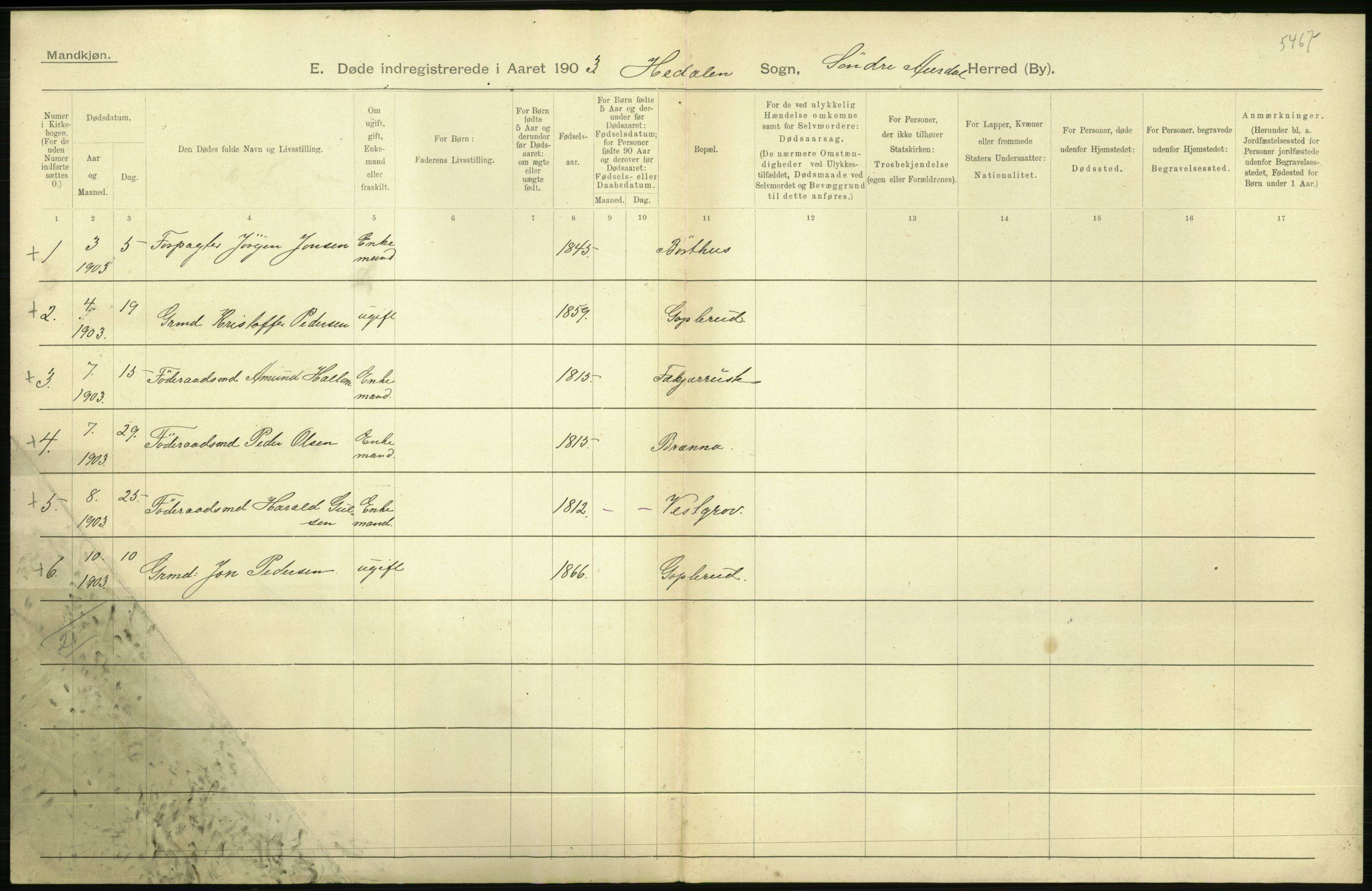 Statistisk sentralbyrå, Sosiodemografiske emner, Befolkning, AV/RA-S-2228/D/Df/Dfa/Dfaa/L0006: Kristians amt: Fødte, gifte, døde, 1903, p. 610